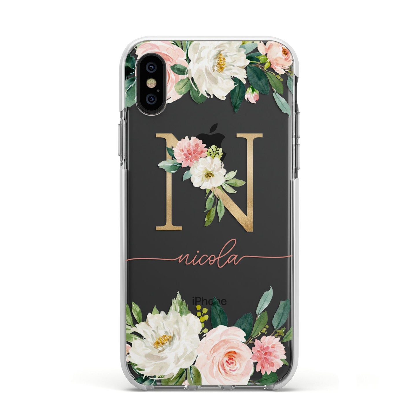 Personalised Blush Floral Monogram Apple iPhone Xs Impact Case White Edge on Black Phone