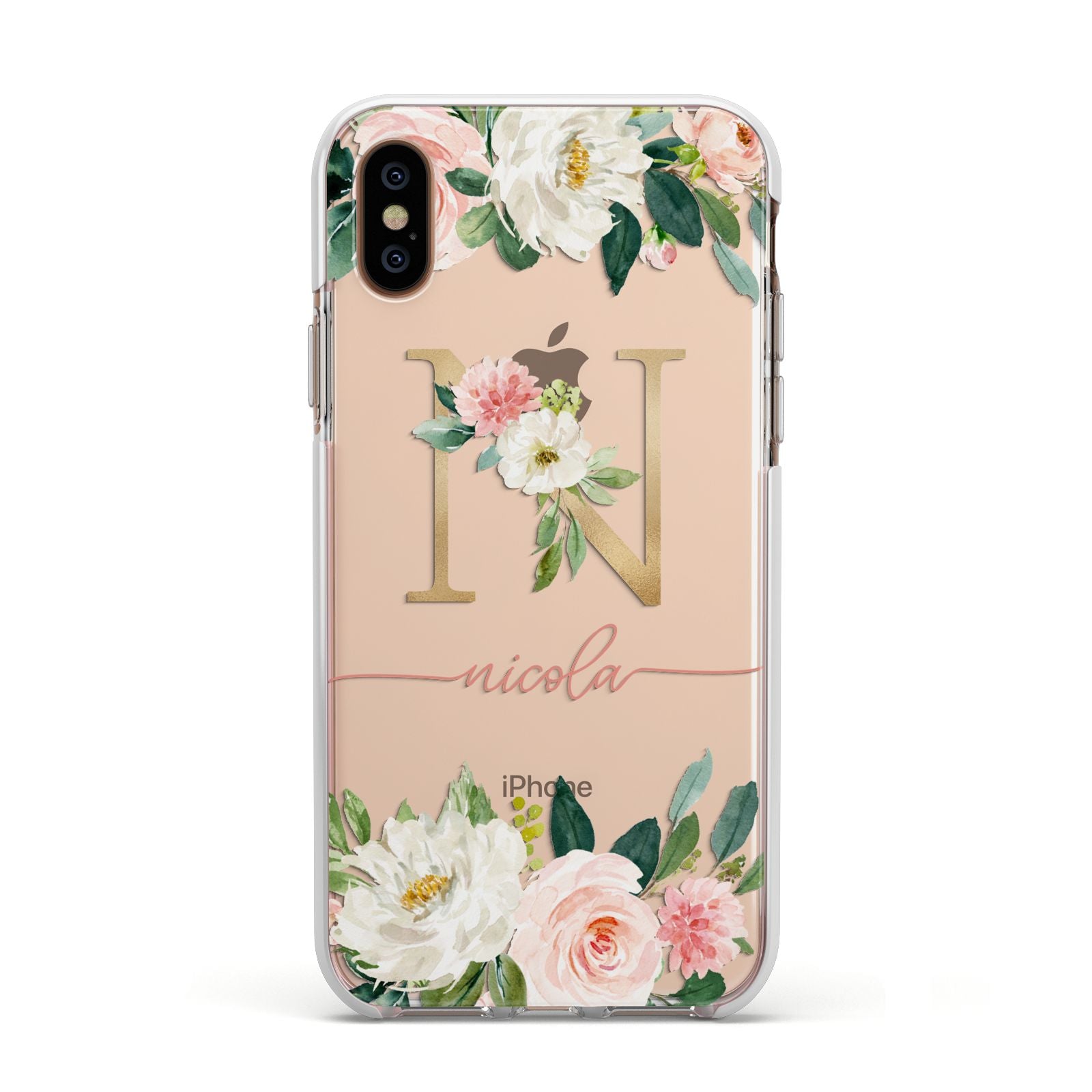 Personalised Blush Floral Monogram Apple iPhone Xs Impact Case White Edge on Gold Phone