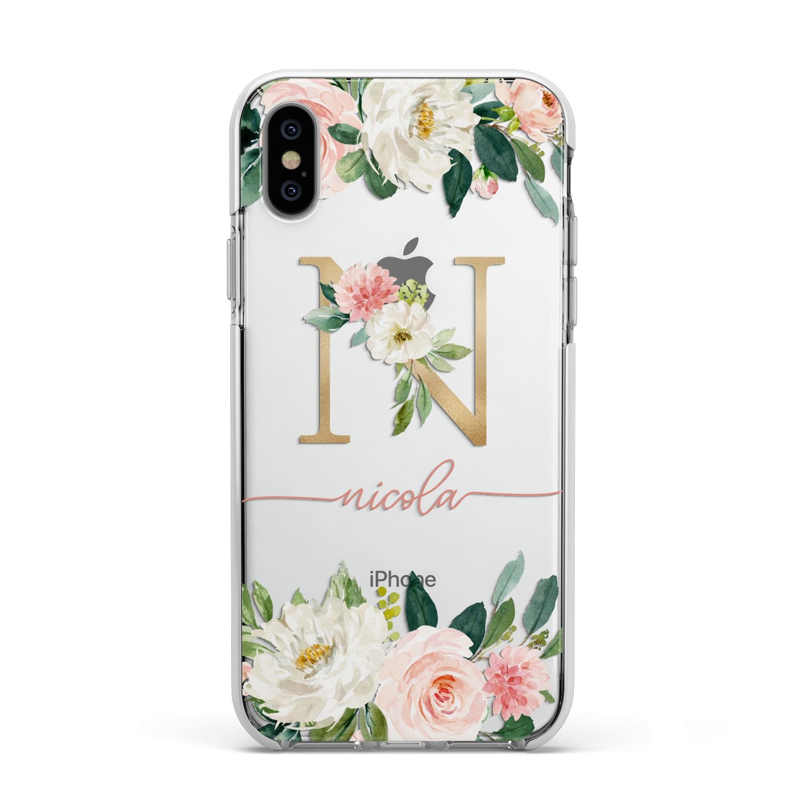 Personalised Blush Floral Monogram Apple iPhone Xs Impact Case White Edge on Silver Phone