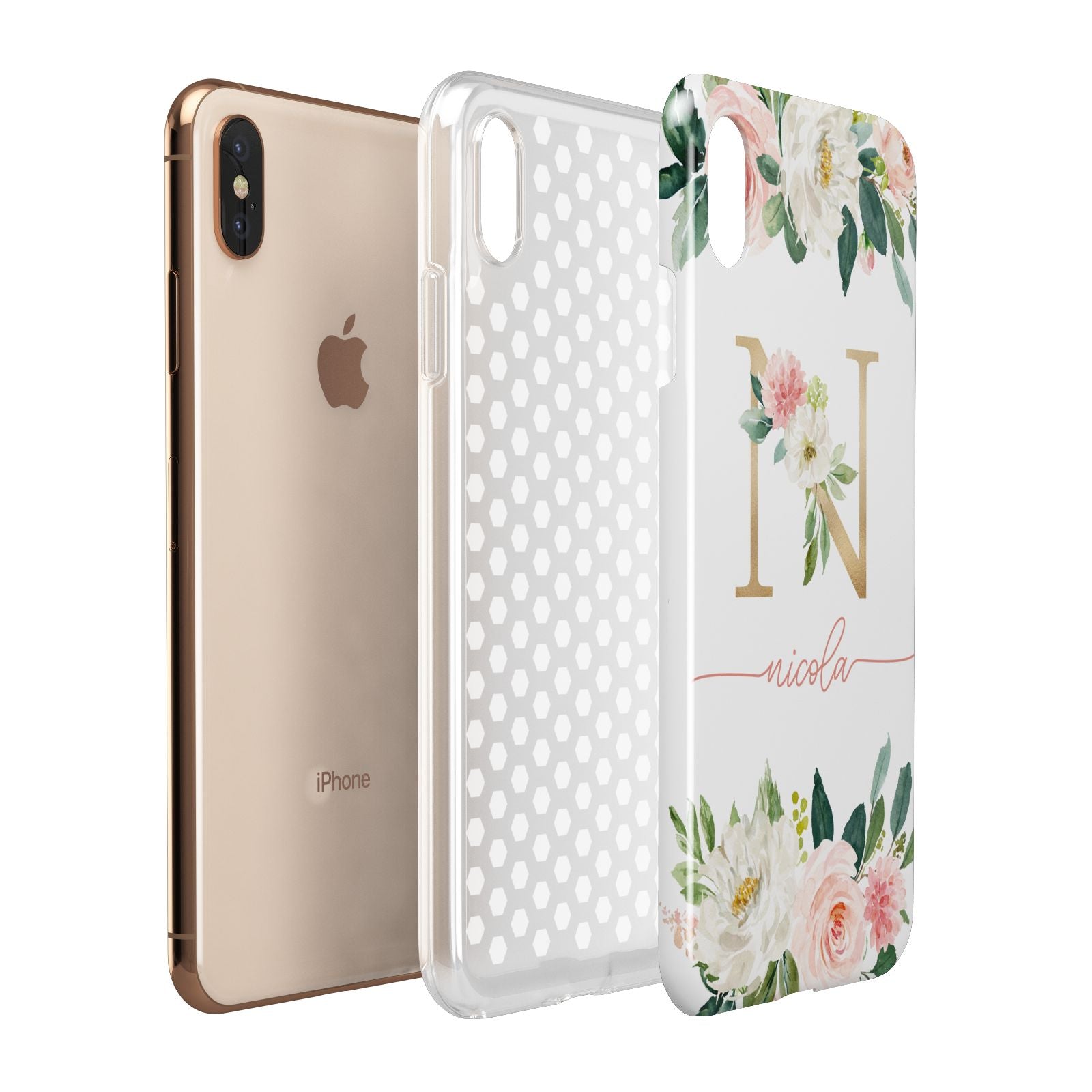 Personalised Blush Floral Monogram Apple iPhone Xs Max 3D Tough Case Expanded View