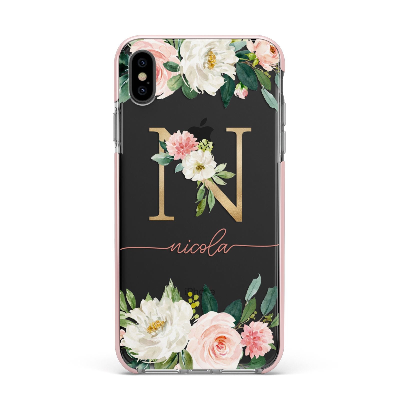 Personalised Blush Floral Monogram Apple iPhone Xs Max Impact Case Pink Edge on Black Phone