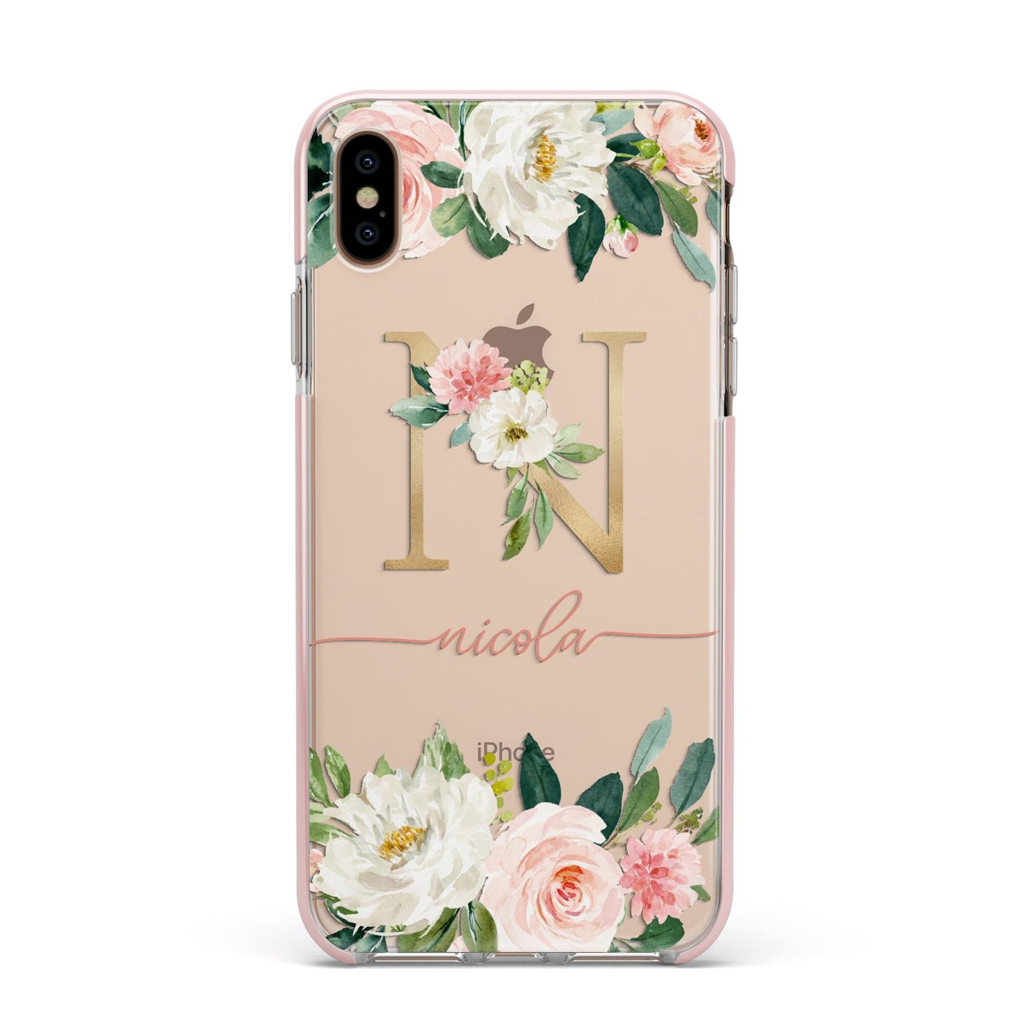 Personalised Blush Floral Monogram Apple iPhone Xs Max Impact Case Pink Edge on Gold Phone