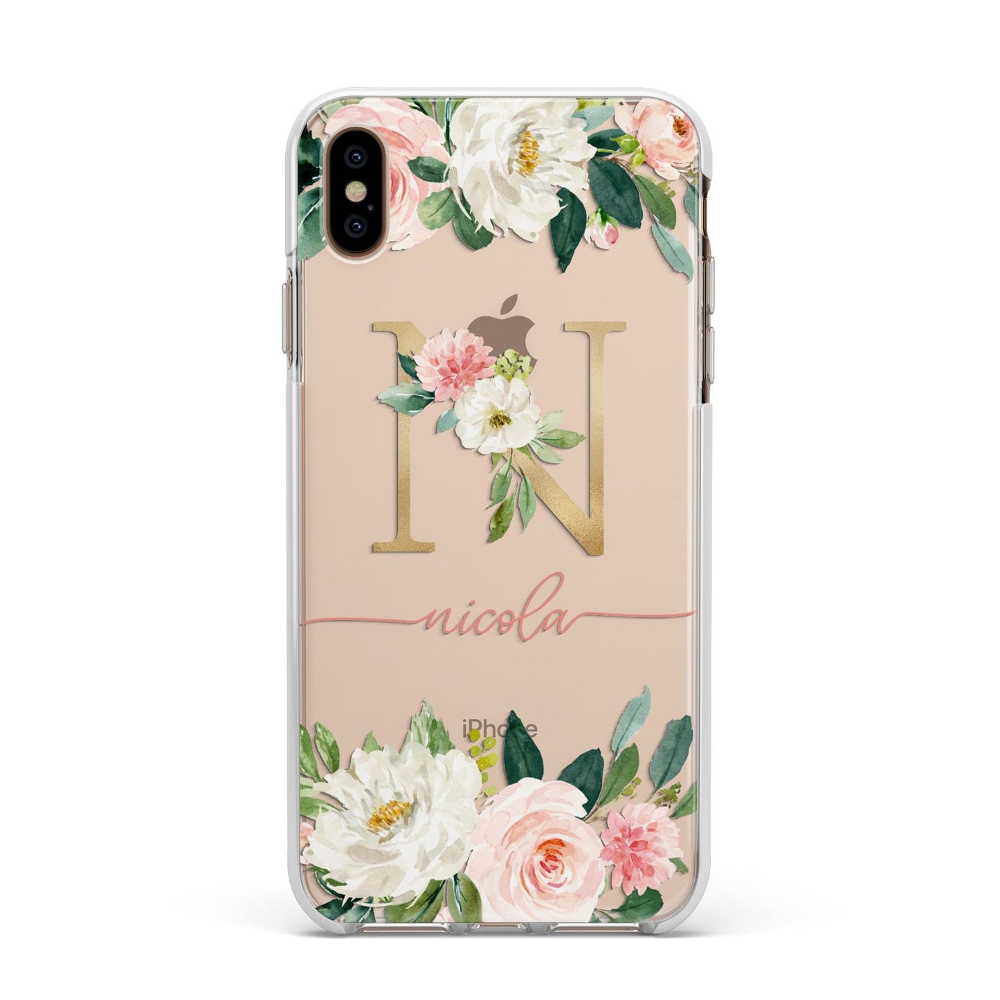 Personalised Blush Floral Monogram Apple iPhone Xs Max Impact Case White Edge on Gold Phone