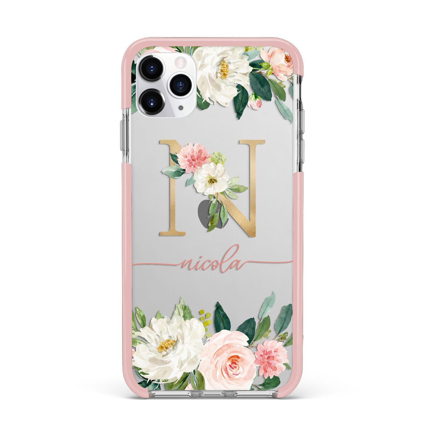 Personalised Blush Floral Monogram iPhone 11 Pro Max Impact Pink Edge Case