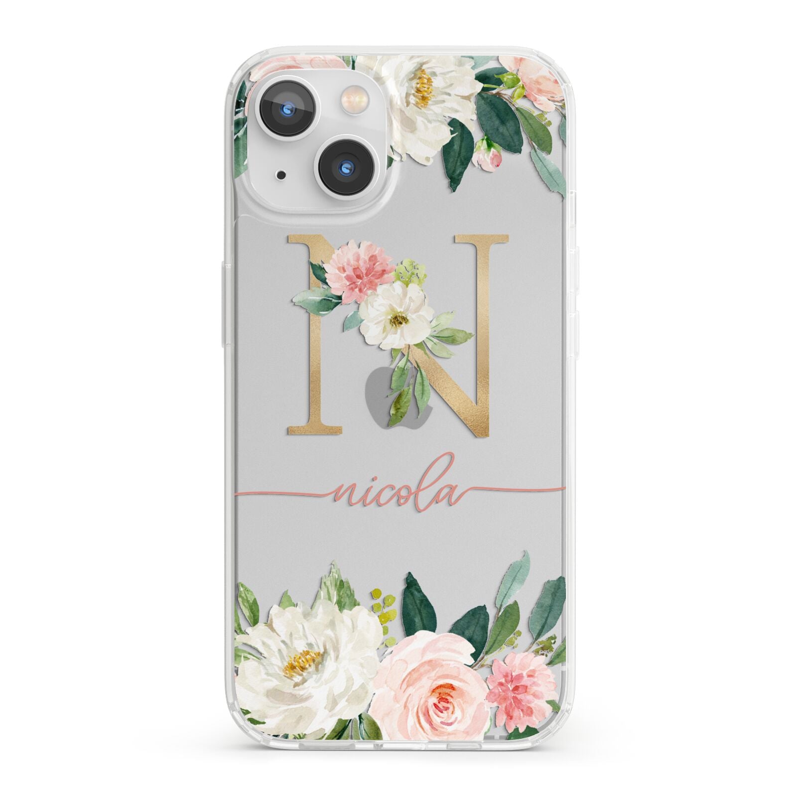Personalised Blush Floral Monogram iPhone 13 Clear Bumper Case
