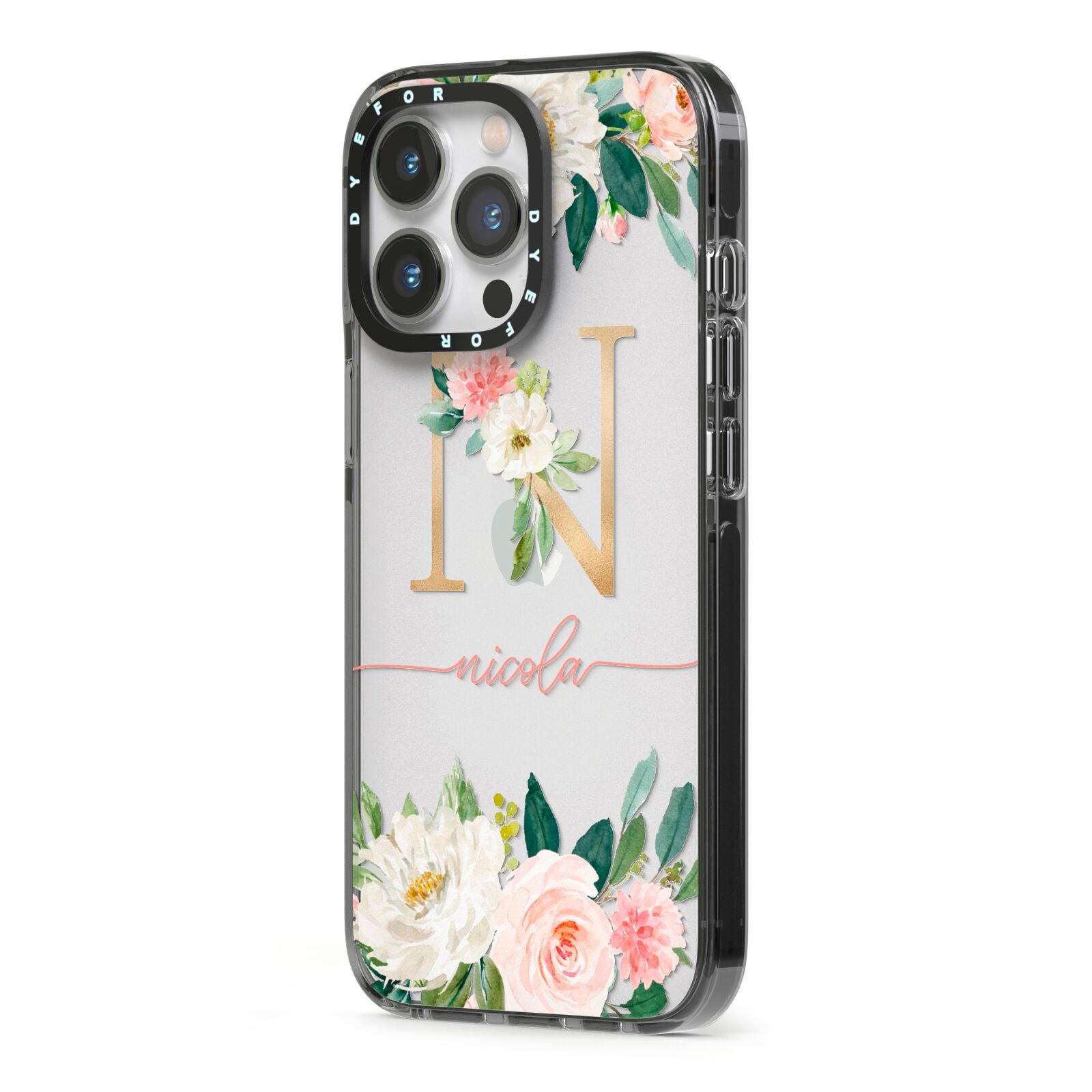 Personalised Blush Floral Monogram iPhone 13 Pro Black Impact Case Side Angle on Silver phone
