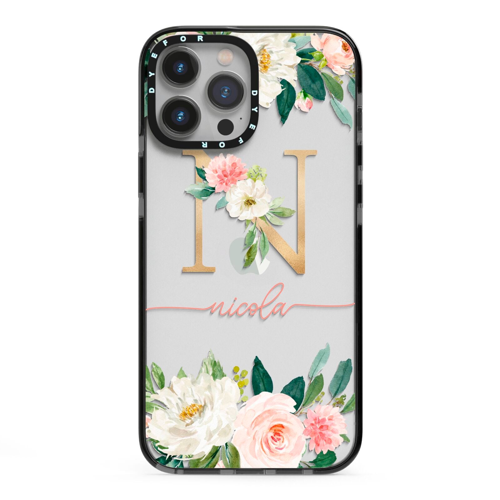 Personalised Blush Floral Monogram iPhone 13 Pro Max Black Impact Case on Silver phone