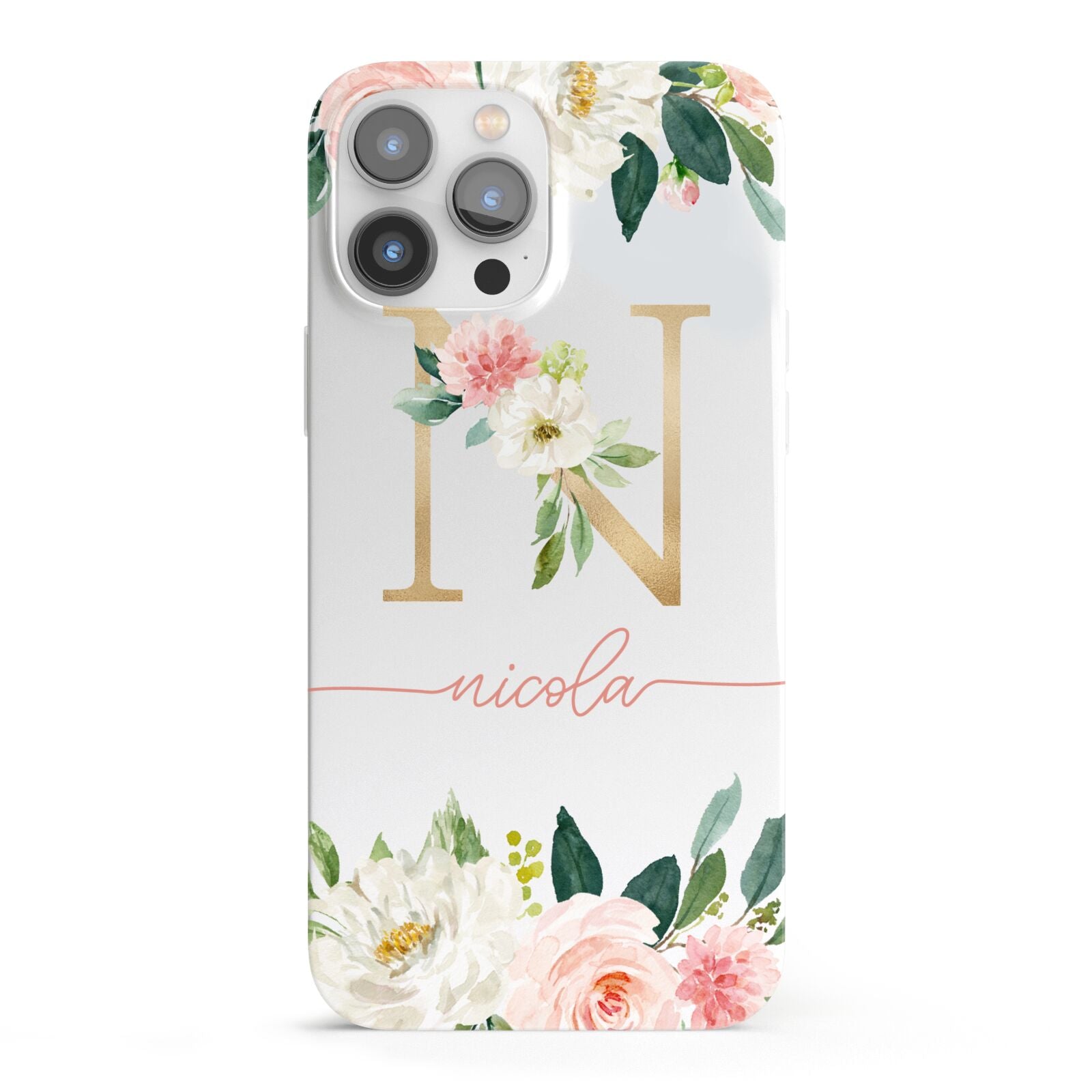 Personalised Blush Floral Monogram iPhone 13 Pro Max Full Wrap 3D Snap Case