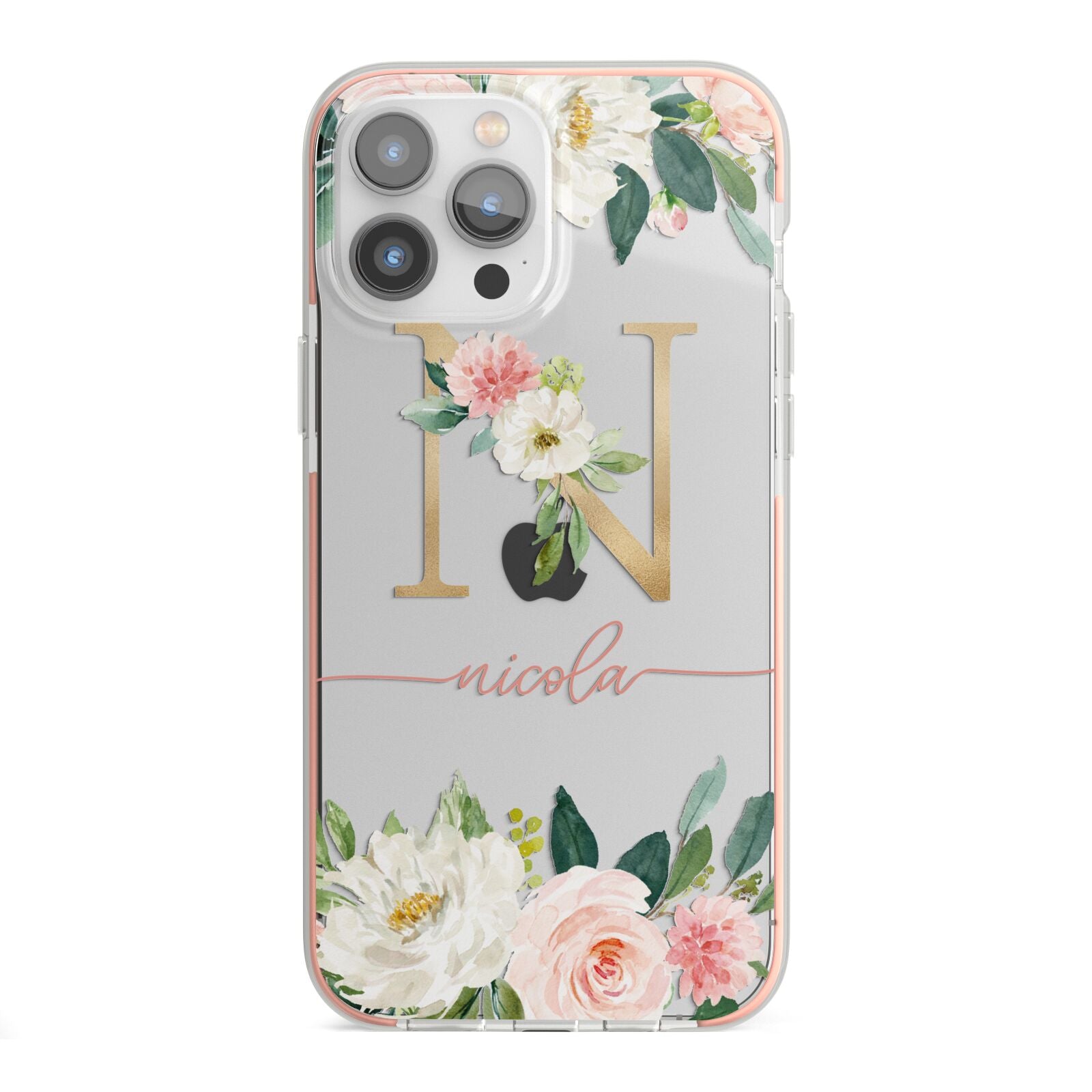 Personalised Blush Floral Monogram iPhone 13 Pro Max TPU Impact Case with Pink Edges