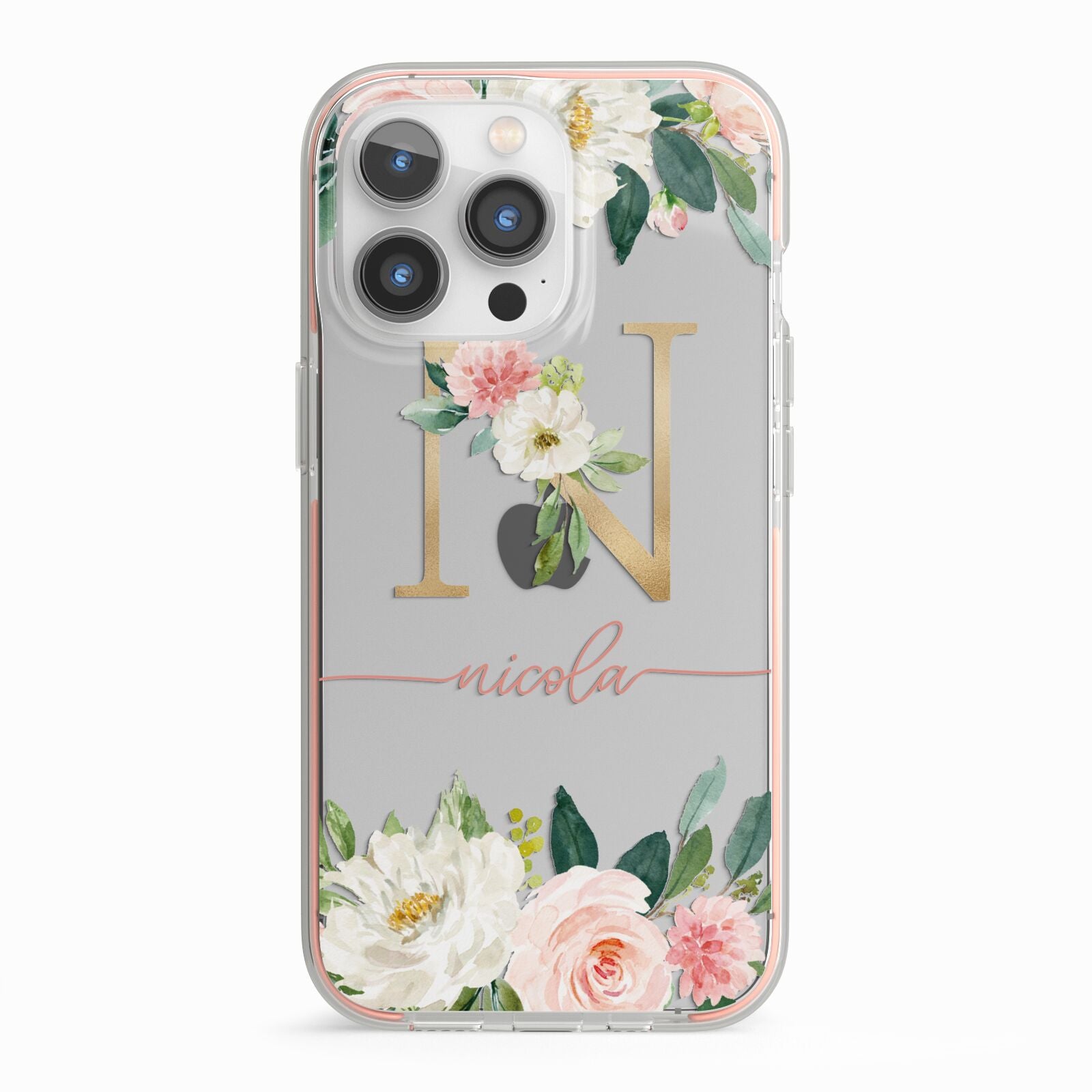 Personalised Blush Floral Monogram iPhone 13 Pro TPU Impact Case with Pink Edges