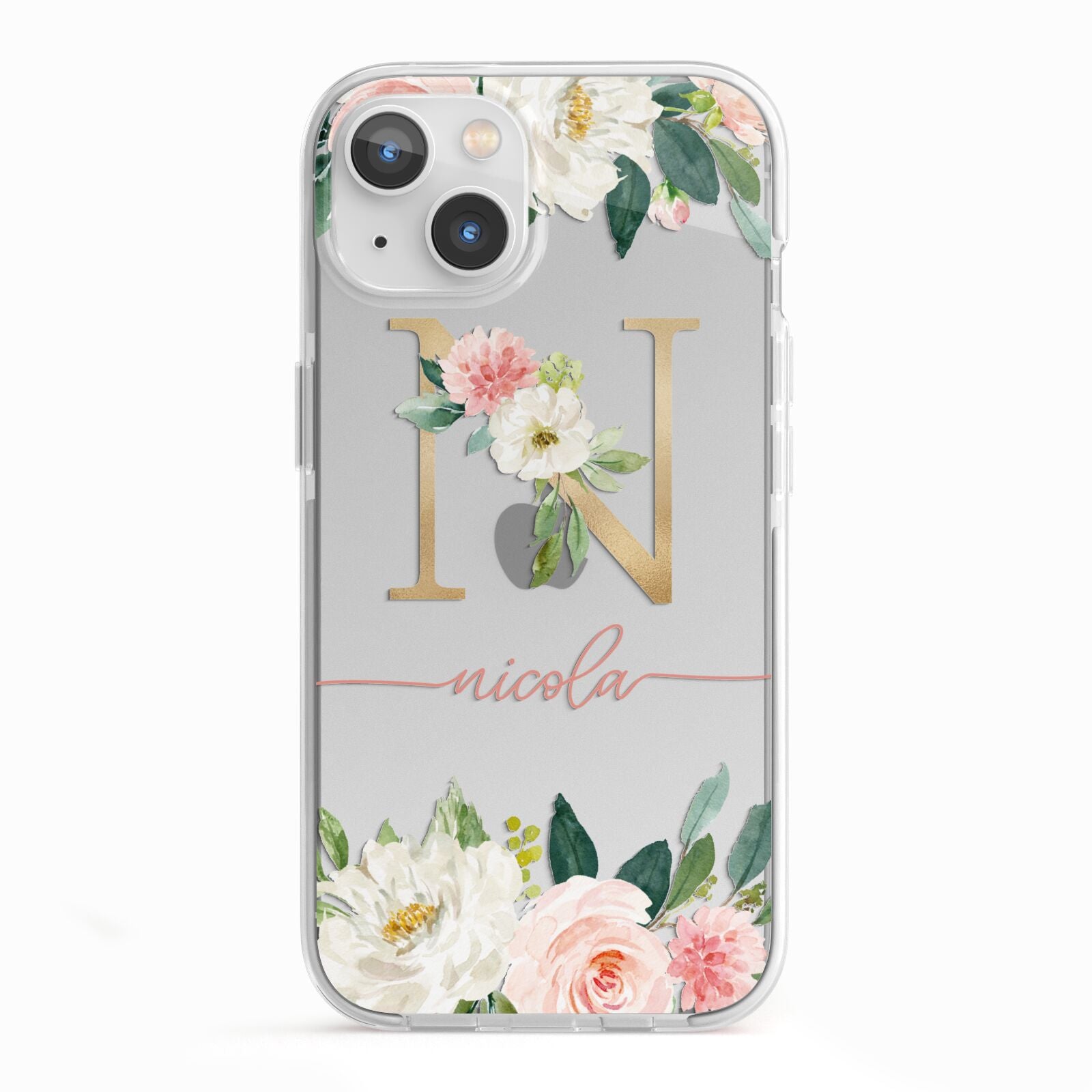Personalised Blush Floral Monogram iPhone 13 TPU Impact Case with White Edges