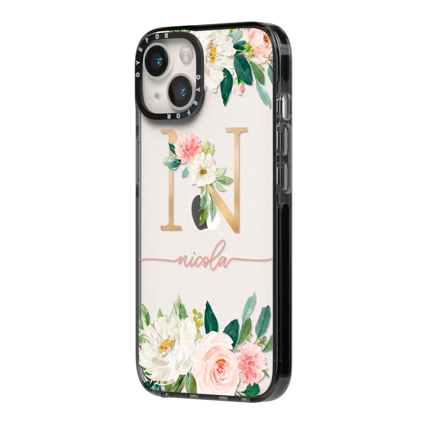 Personalised Blush Floral Monogram iPhone 14 Black Impact Case Side Angle on Silver phone