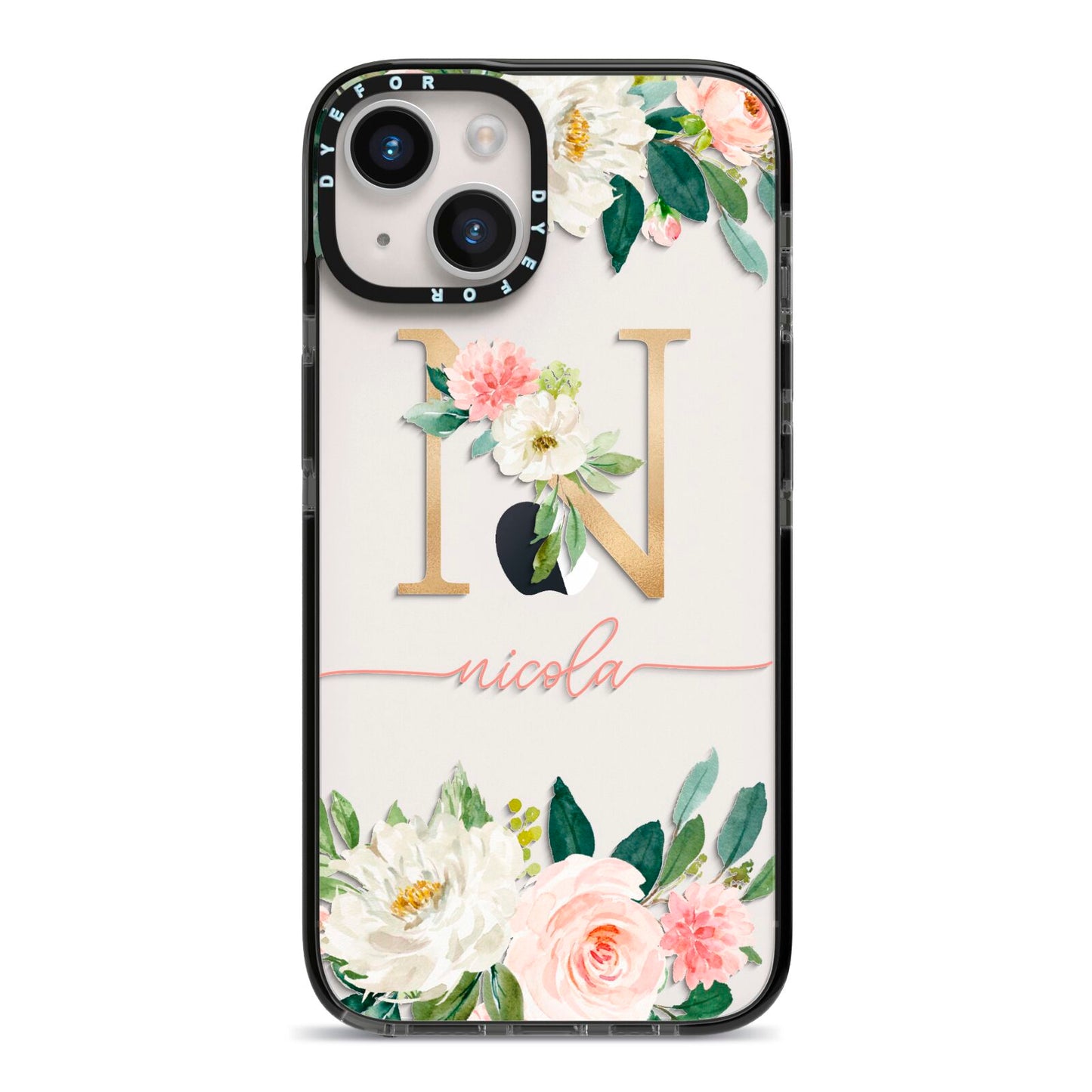Personalised Blush Floral Monogram iPhone 14 Black Impact Case on Silver phone