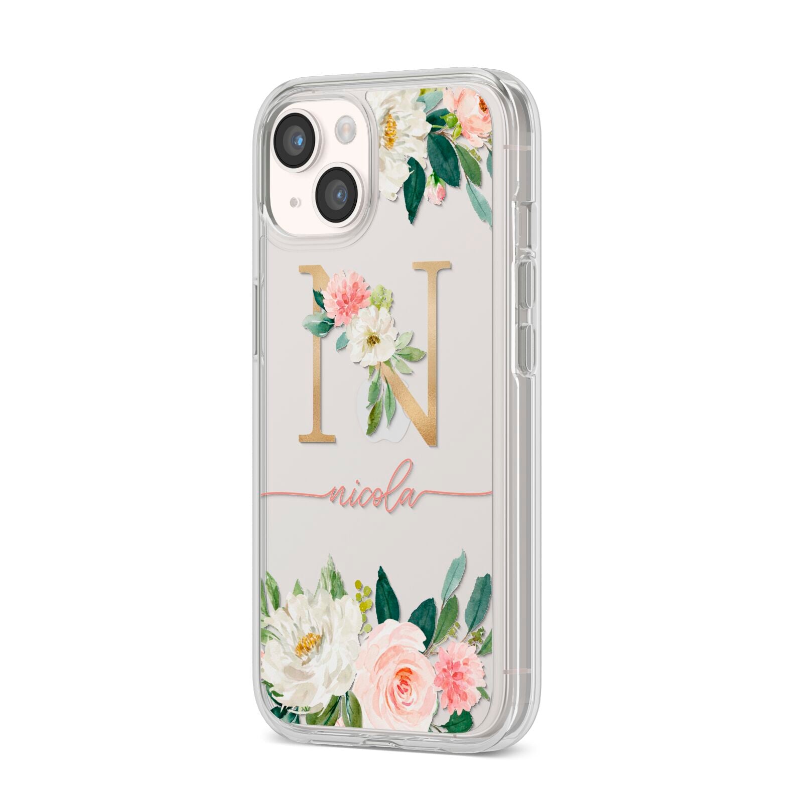 Personalised Blush Floral Monogram iPhone 14 Clear Tough Case Starlight Angled Image