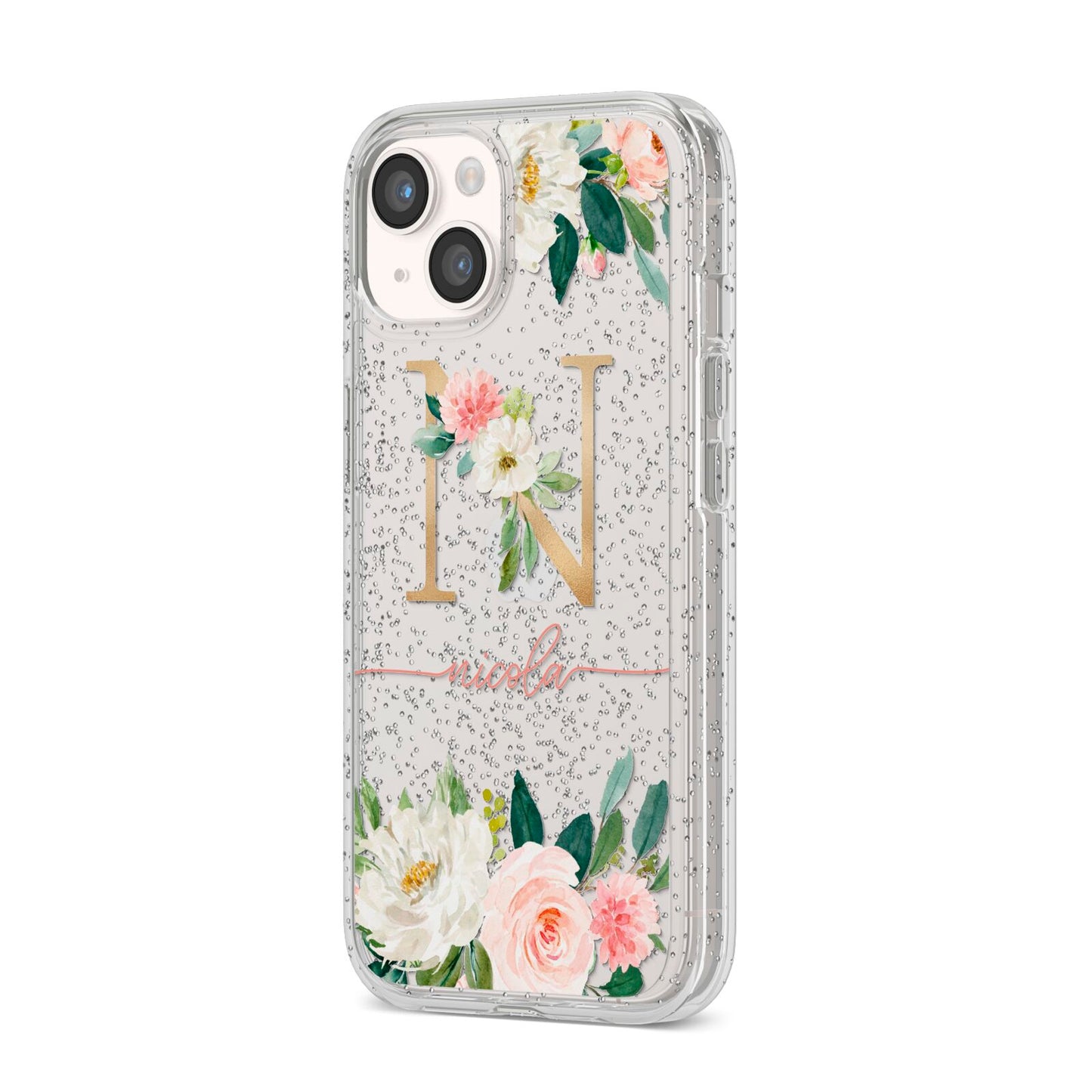 Personalised Blush Floral Monogram iPhone 14 Glitter Tough Case Starlight Angled Image