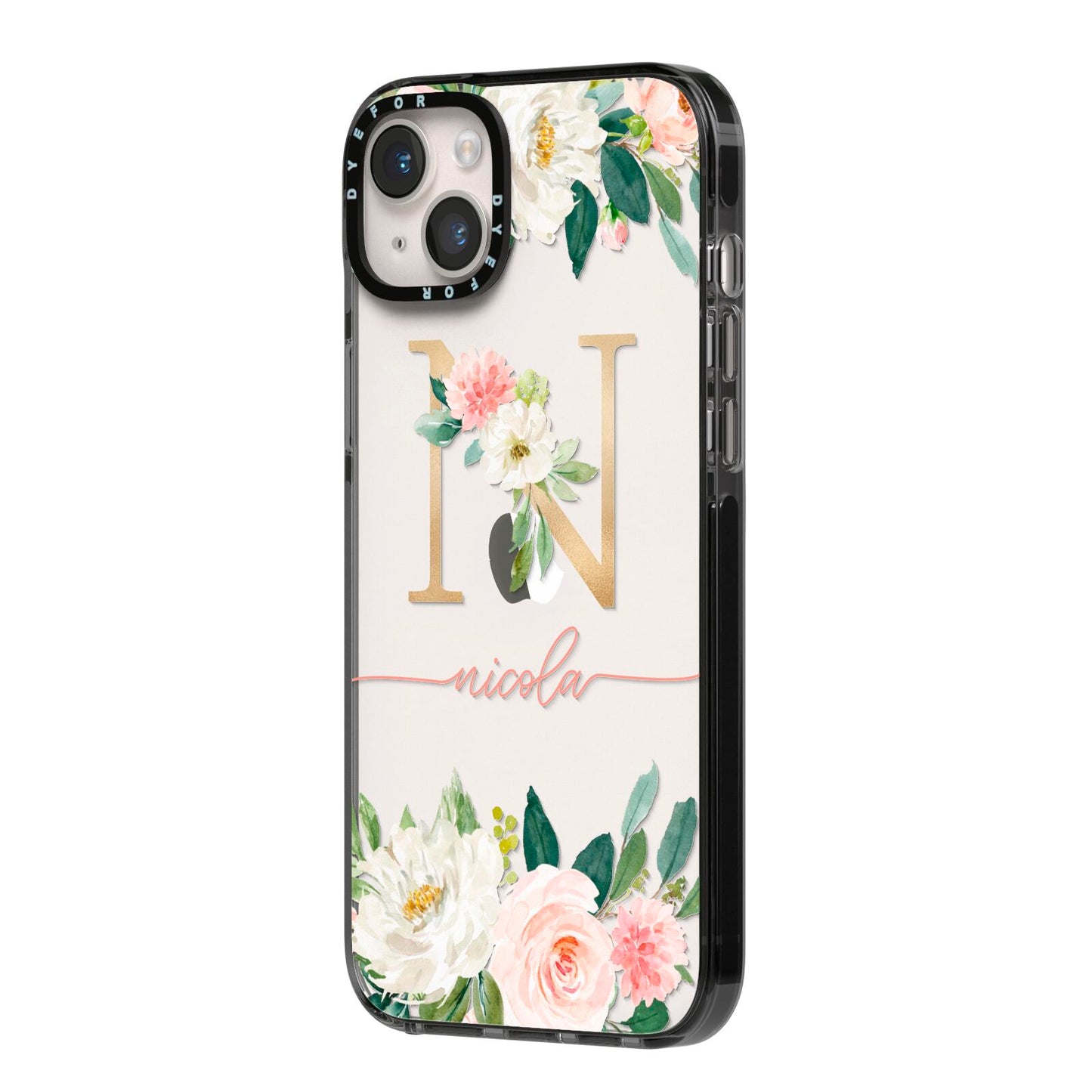 Personalised Blush Floral Monogram iPhone 14 Plus Black Impact Case Side Angle on Silver phone