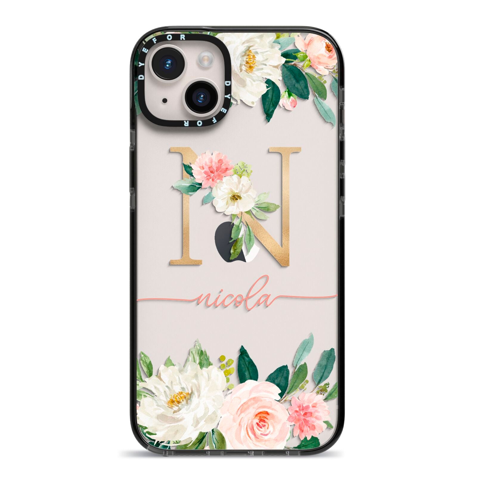 Personalised Blush Floral Monogram iPhone 14 Plus Black Impact Case on Silver phone