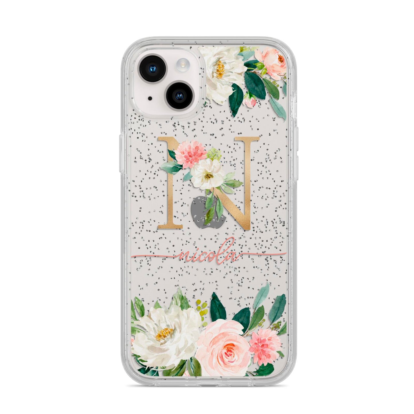Personalised Blush Floral Monogram iPhone 14 Plus Glitter Tough Case Starlight