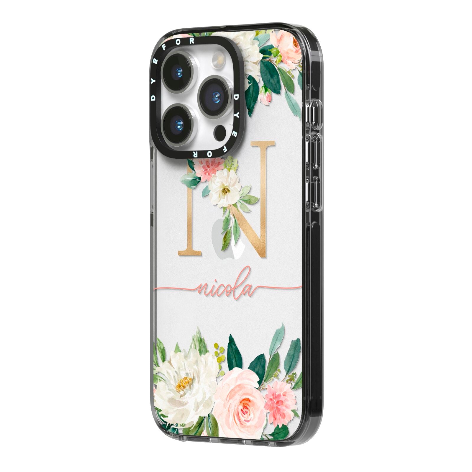 Personalised Blush Floral Monogram iPhone 14 Pro Black Impact Case Side Angle on Silver phone