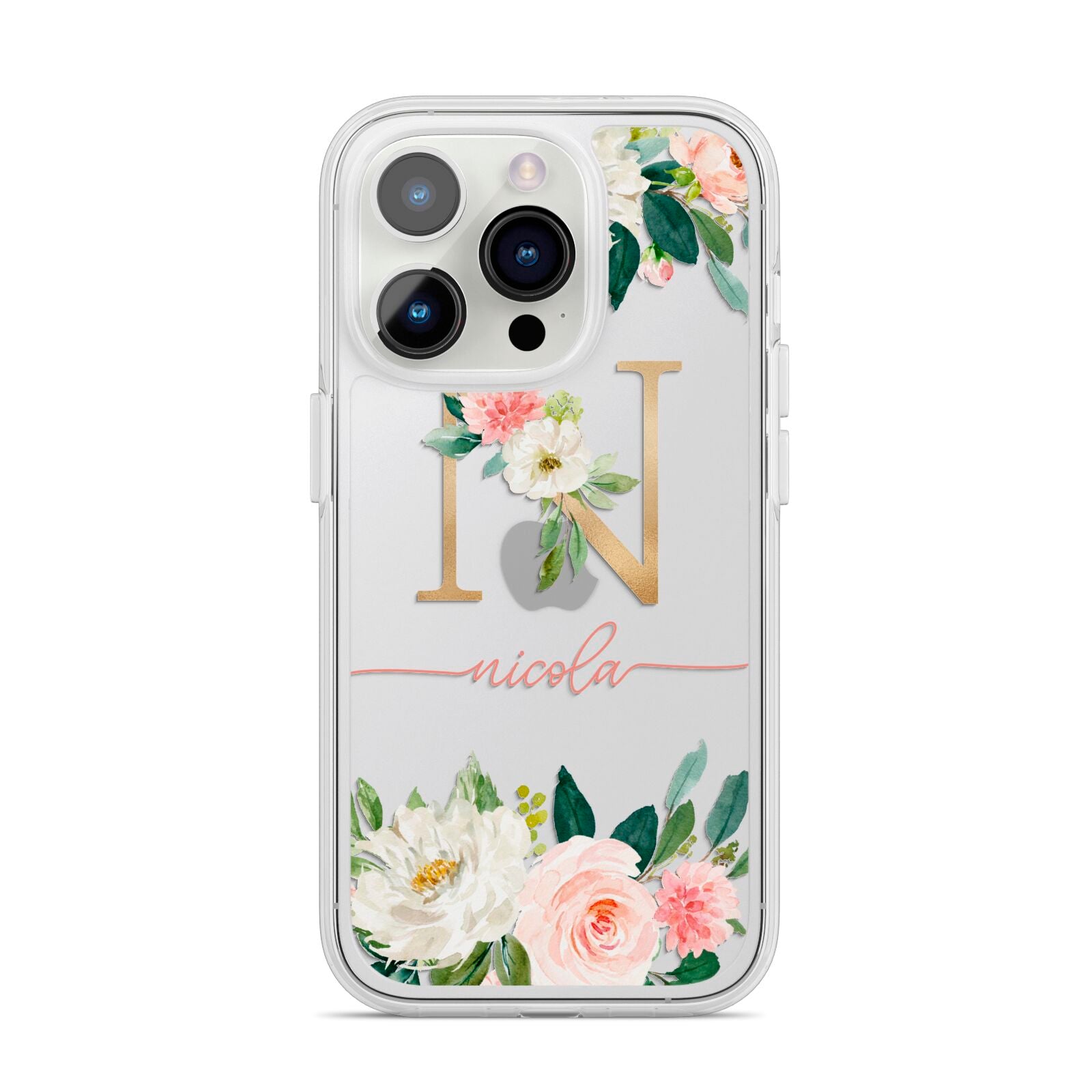 Personalised Blush Floral Monogram iPhone 14 Pro Clear Tough Case Silver