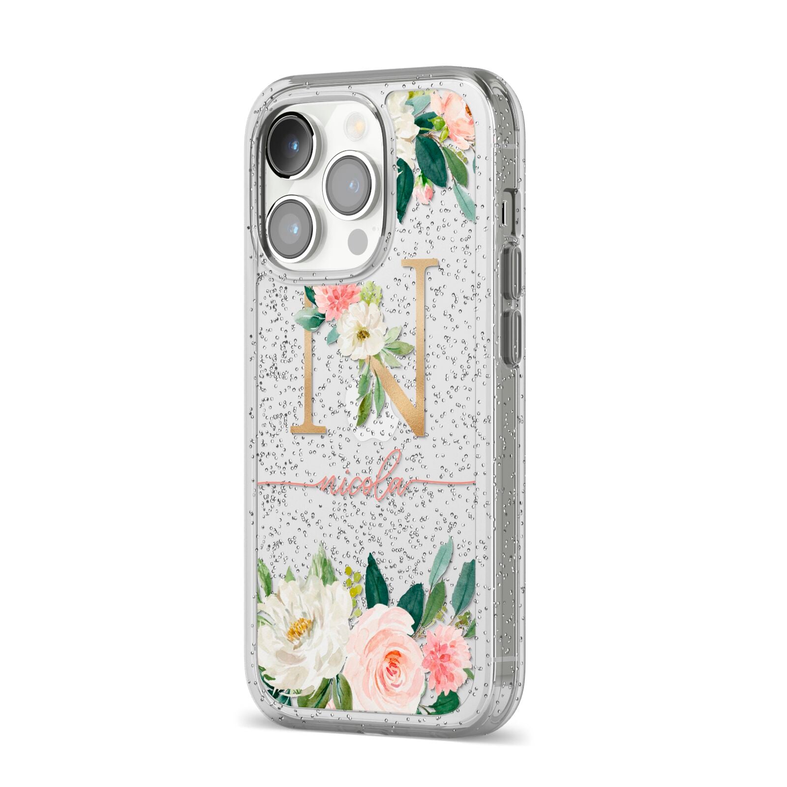 Personalised Blush Floral Monogram iPhone 14 Pro Glitter Tough Case Silver Angled Image