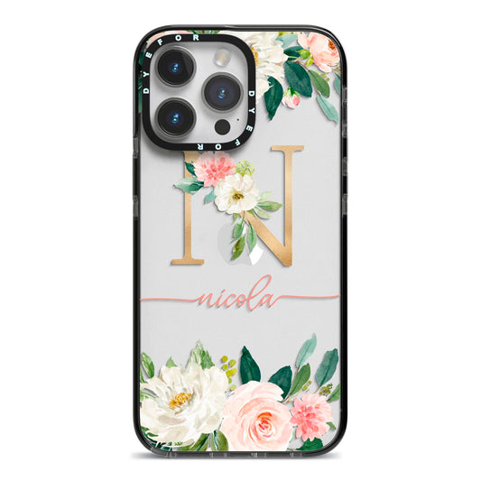 Personalised Blush Floral Monogram iPhone 14 Pro Max Black Impact Case on Silver phone