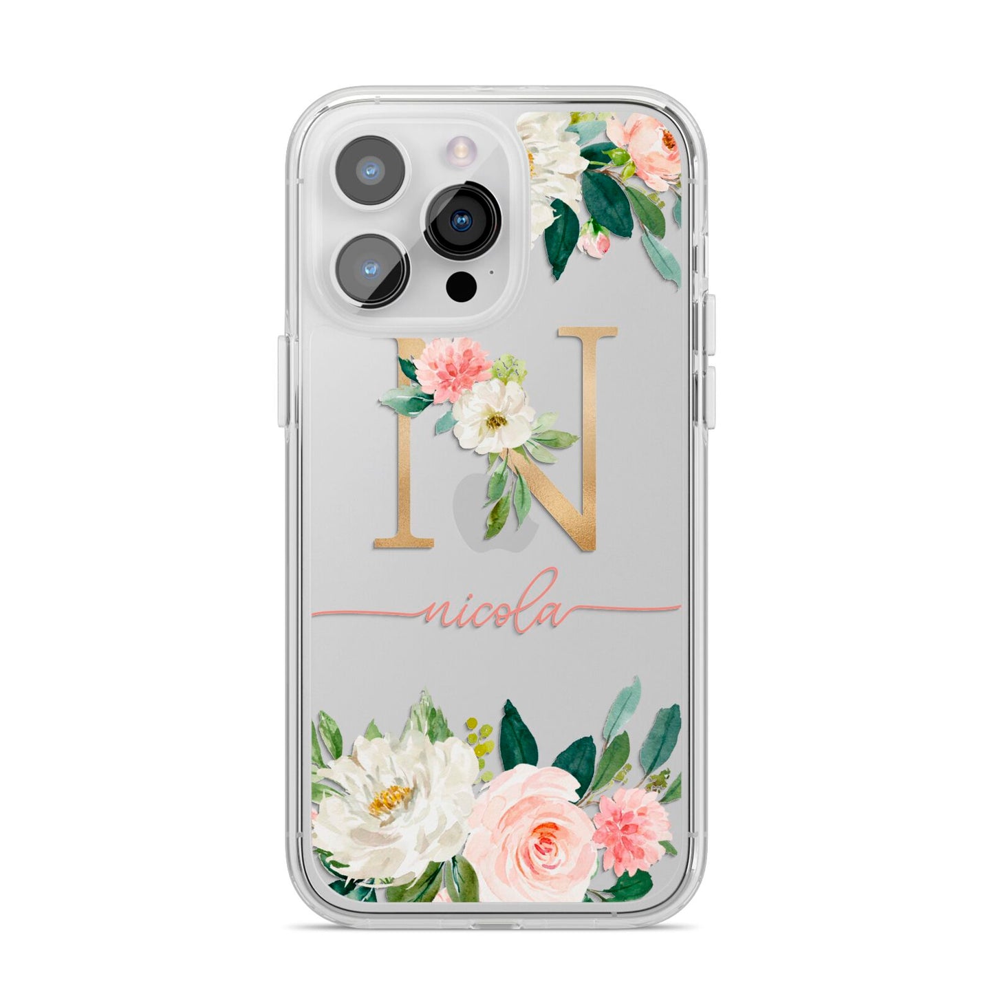 Personalised Blush Floral Monogram iPhone 14 Pro Max Clear Tough Case Silver