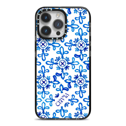 Personalised Capri Tiles iPhone 14 Pro Max Black Impact Case on Silver phone