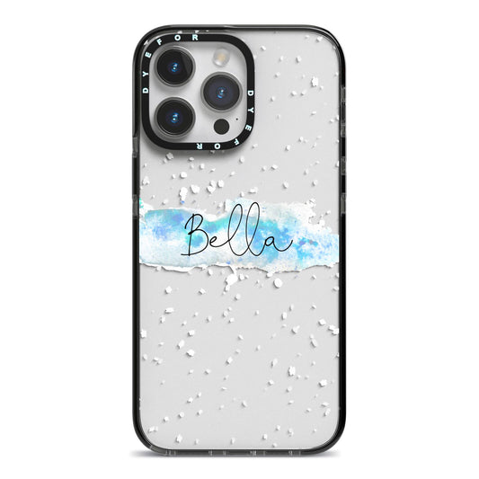 Personalised Christmas Snow fall iPhone 14 Pro Max Black Impact Case on Silver phone