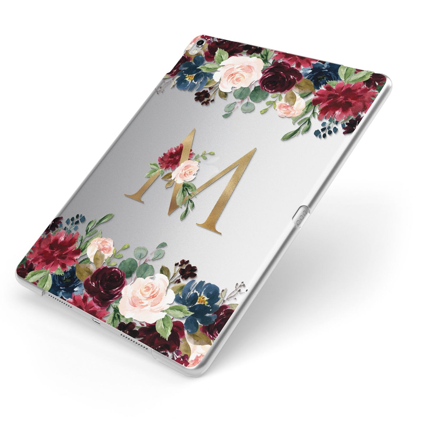 Personalised Clear Monogram Floral Apple iPad Case on Silver iPad Side View