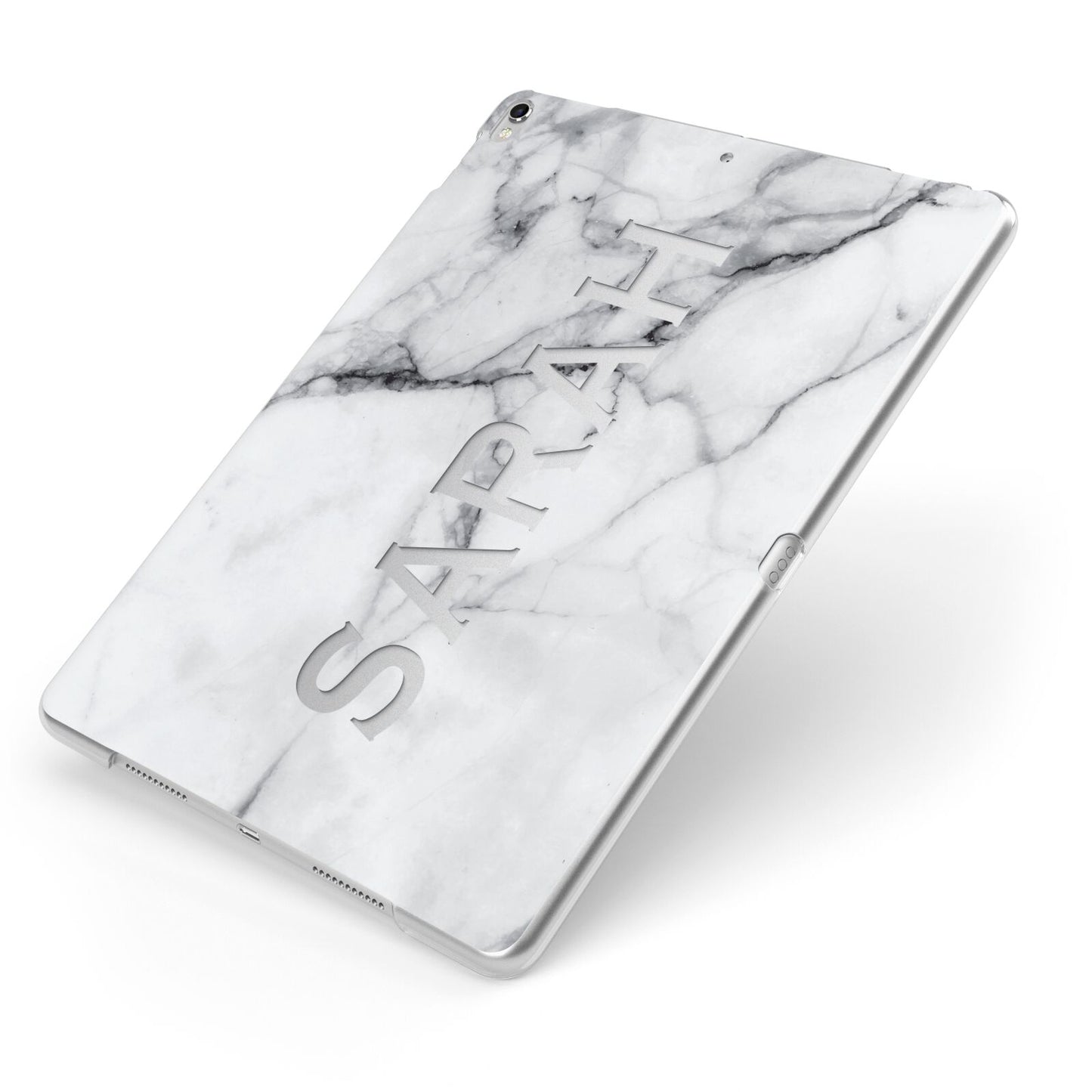 Personalised Clear Name See Through Grey Marble Apple iPad Case on Silver iPad Side View