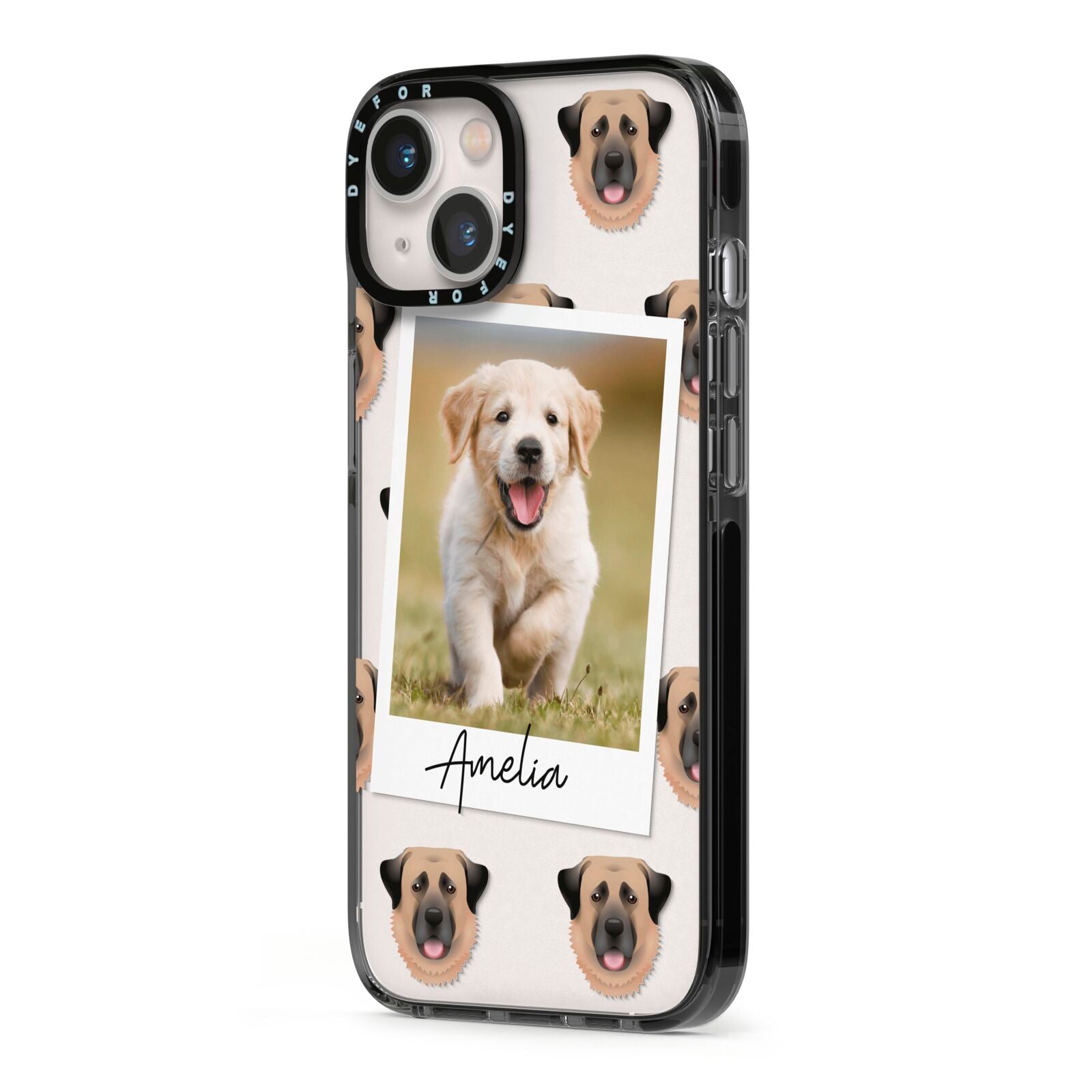 Personalised Dog Photo iPhone 13 Black Impact Case Side Angle on Silver phone