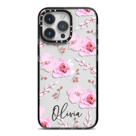 Personalised Dusty Pink Flowers iPhone 14 Pro Max Black Impact Case on Silver phone