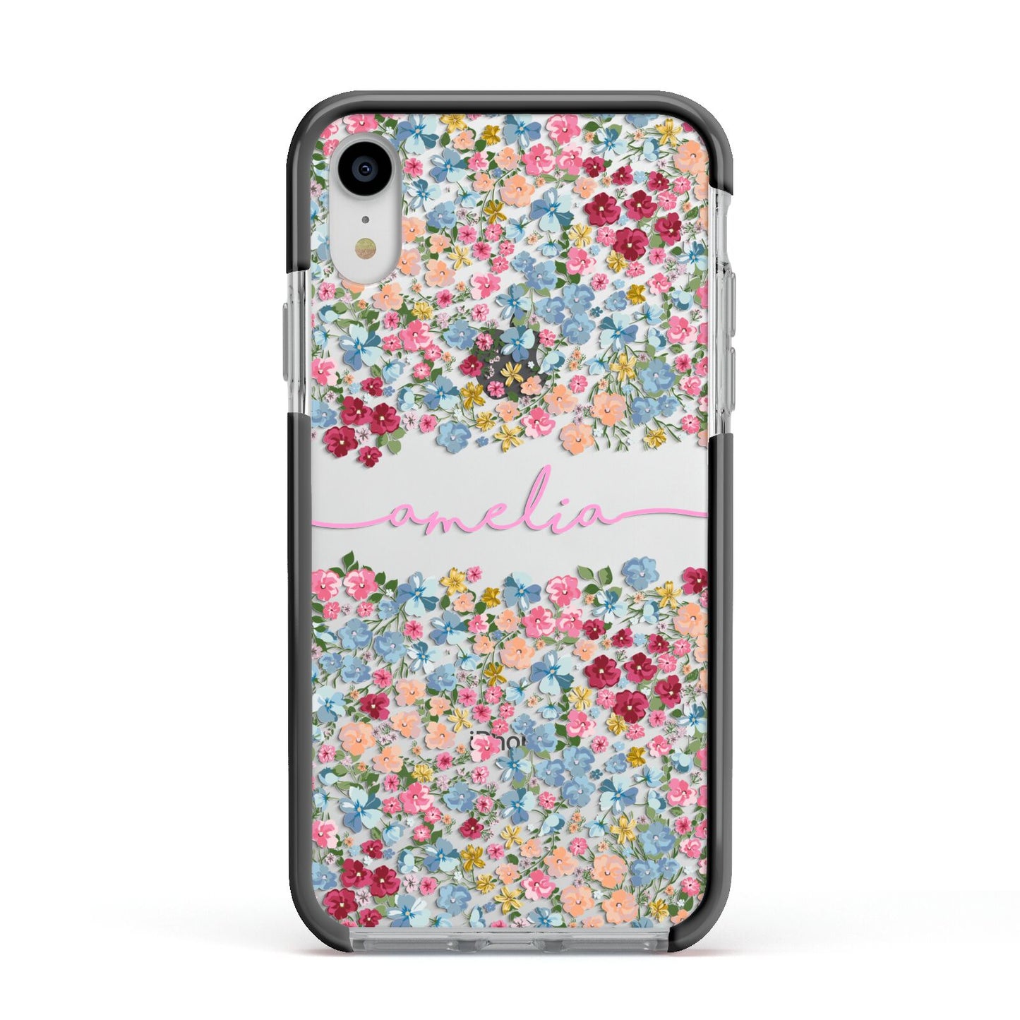 Personalised Floral Meadow Apple iPhone XR Impact Case Black Edge on Silver Phone