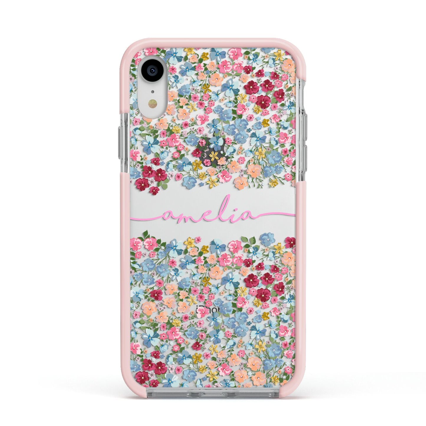 Personalised Floral Meadow Apple iPhone XR Impact Case Pink Edge on Silver Phone