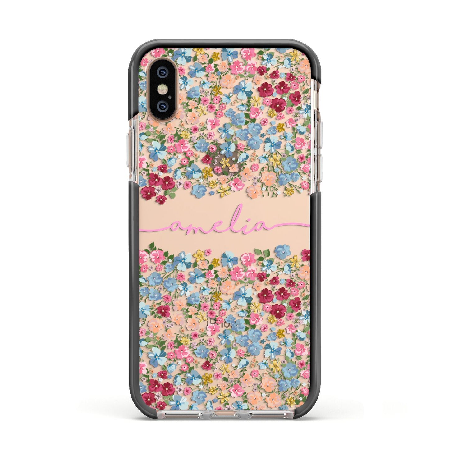 Personalised Floral Meadow Apple iPhone Xs Impact Case Black Edge on Gold Phone