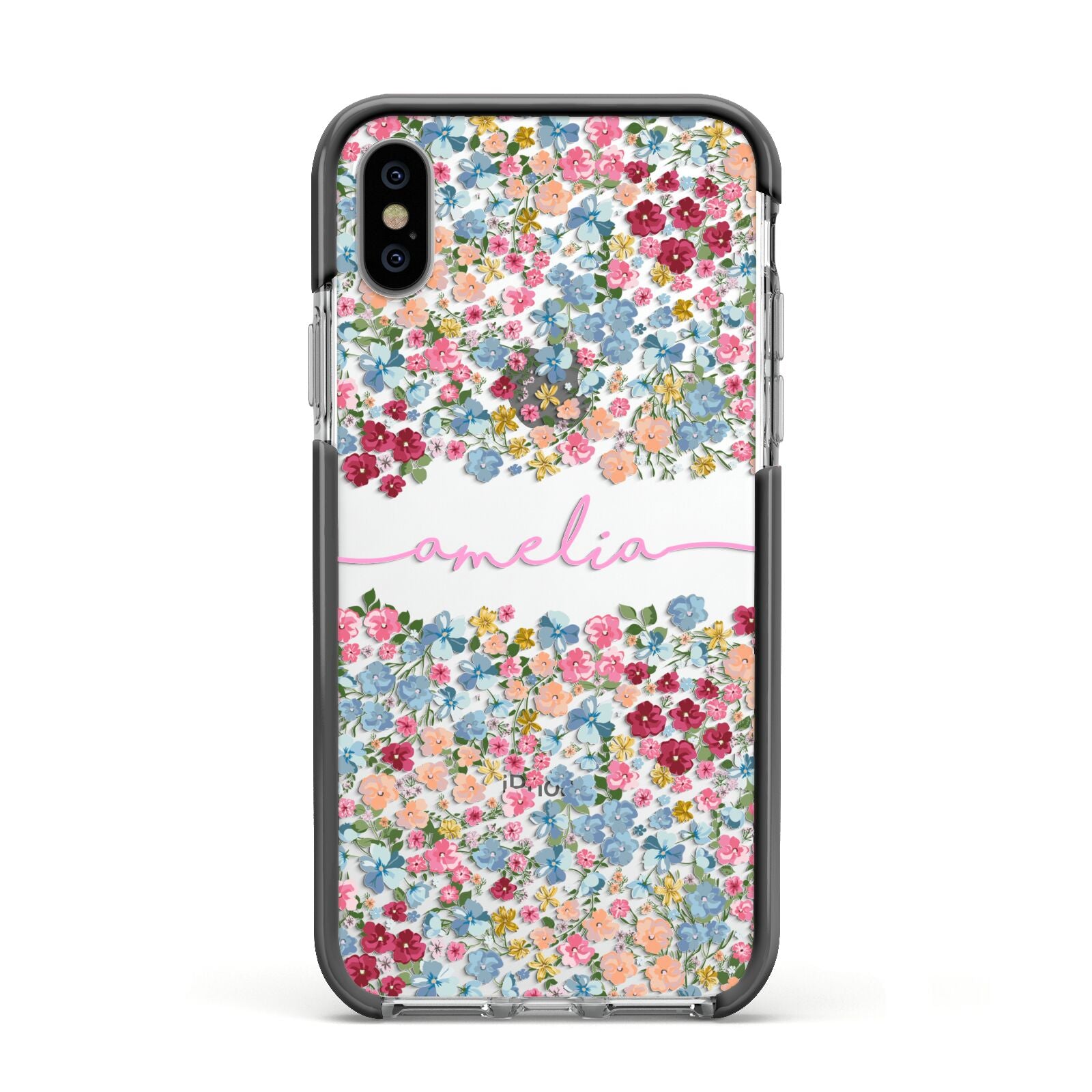 Personalised Floral Meadow Apple iPhone Xs Impact Case Black Edge on Silver Phone
