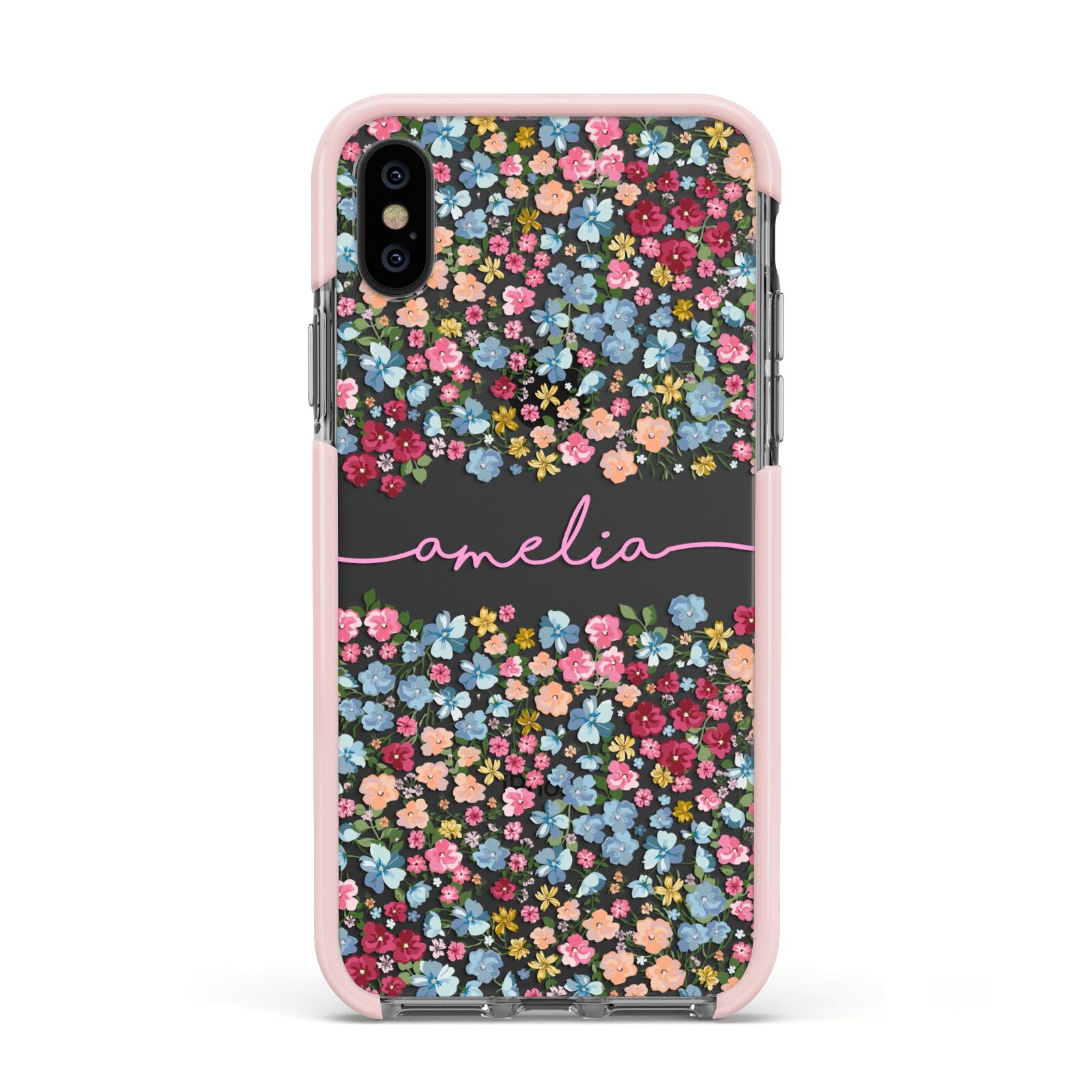 Personalised Floral Meadow Apple iPhone Xs Impact Case Pink Edge on Black Phone