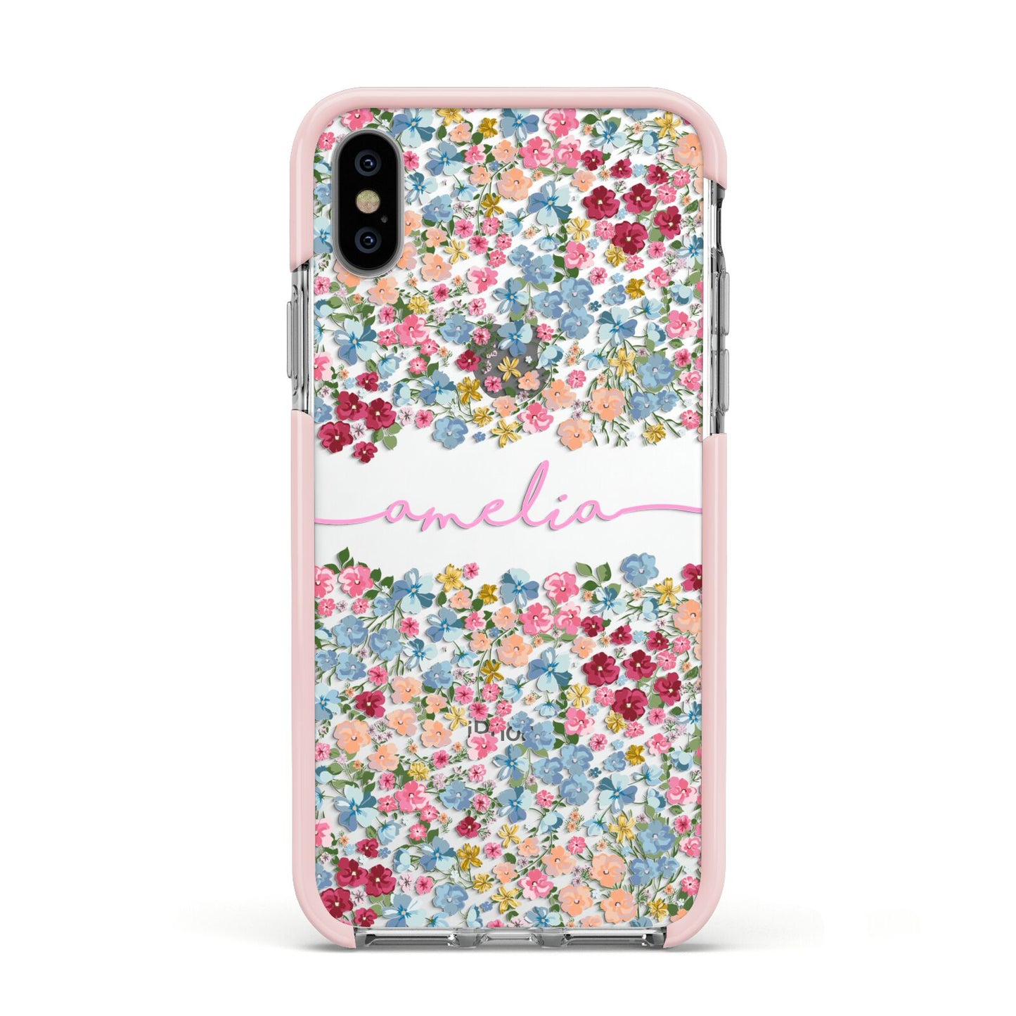 Personalised Floral Meadow Apple iPhone Xs Impact Case Pink Edge on Silver Phone