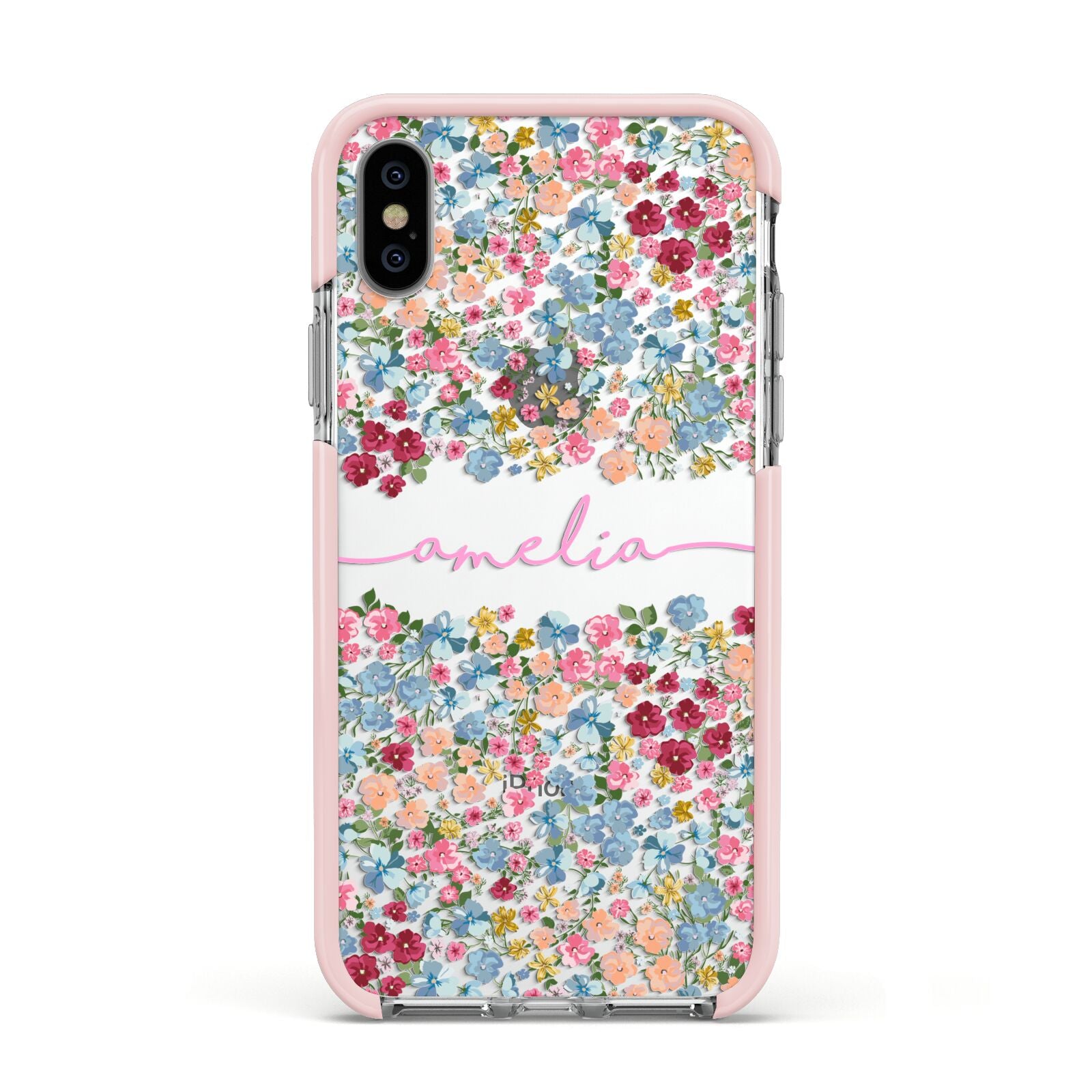 Personalised Floral Meadow Apple iPhone Xs Impact Case Pink Edge on Silver Phone