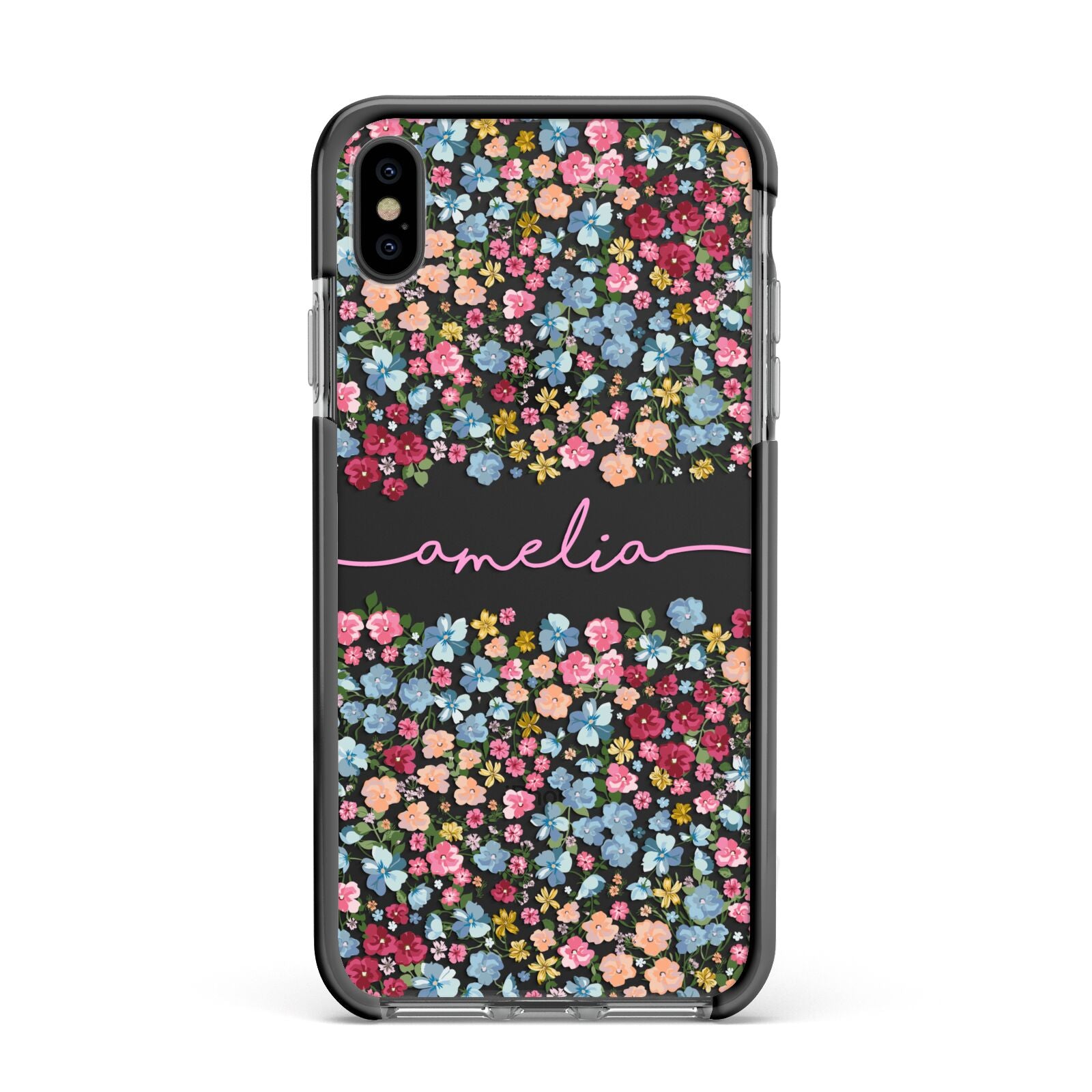 Personalised Floral Meadow Apple iPhone Xs Max Impact Case Black Edge on Black Phone
