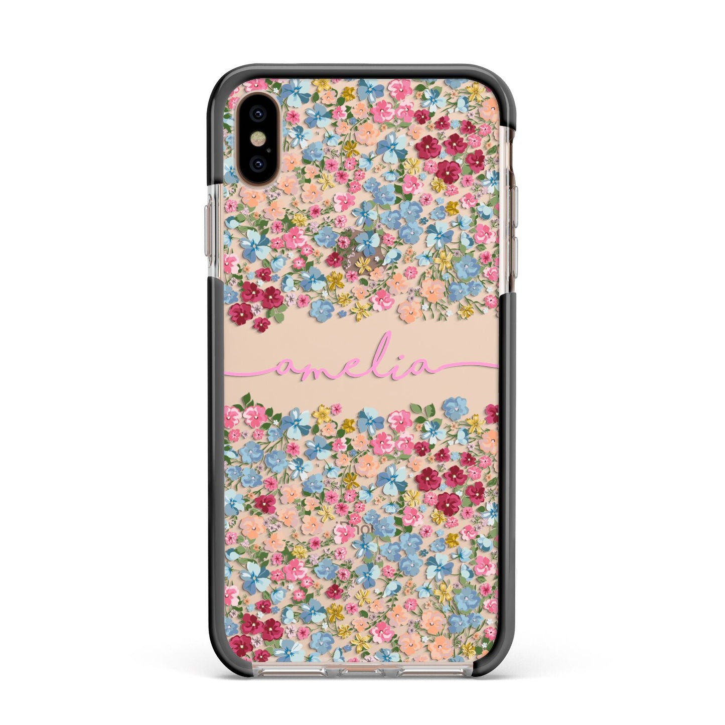 Personalised Floral Meadow Apple iPhone Xs Max Impact Case Black Edge on Gold Phone