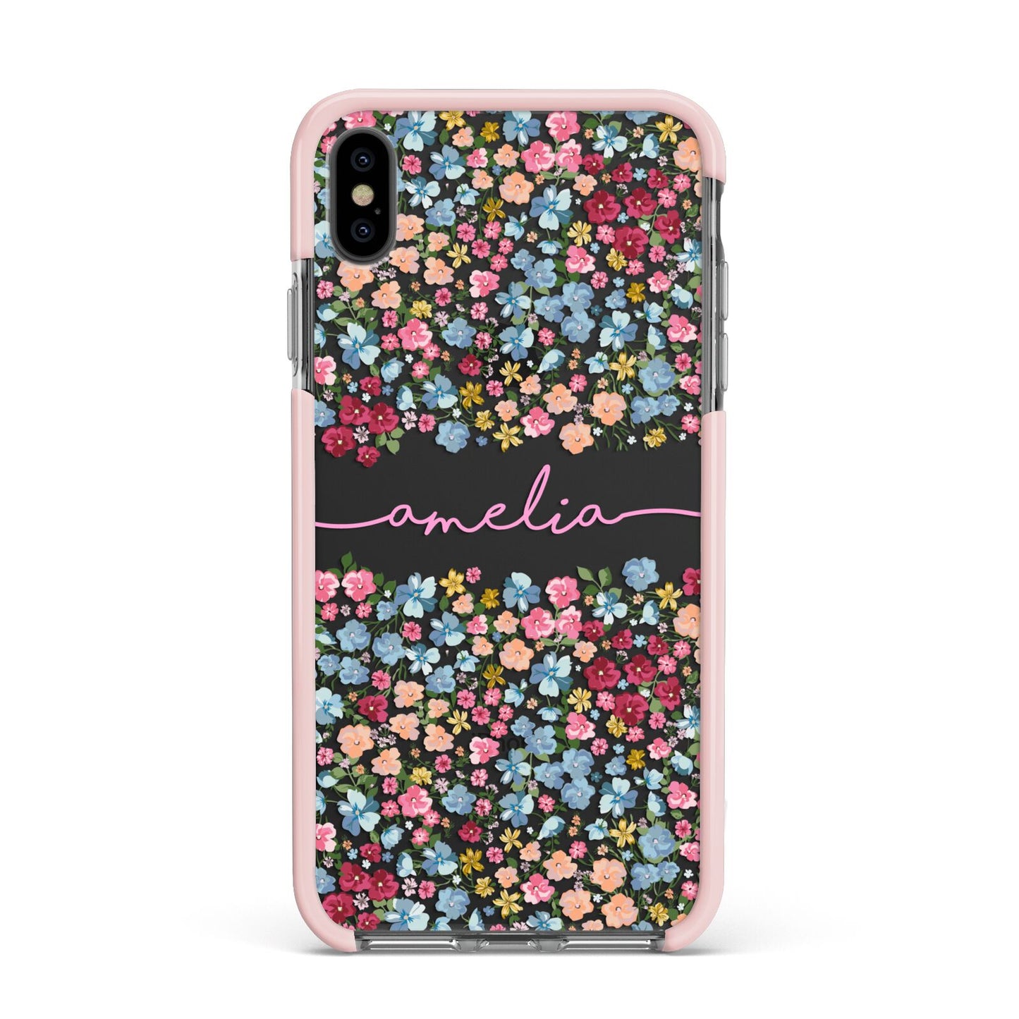 Personalised Floral Meadow Apple iPhone Xs Max Impact Case Pink Edge on Black Phone