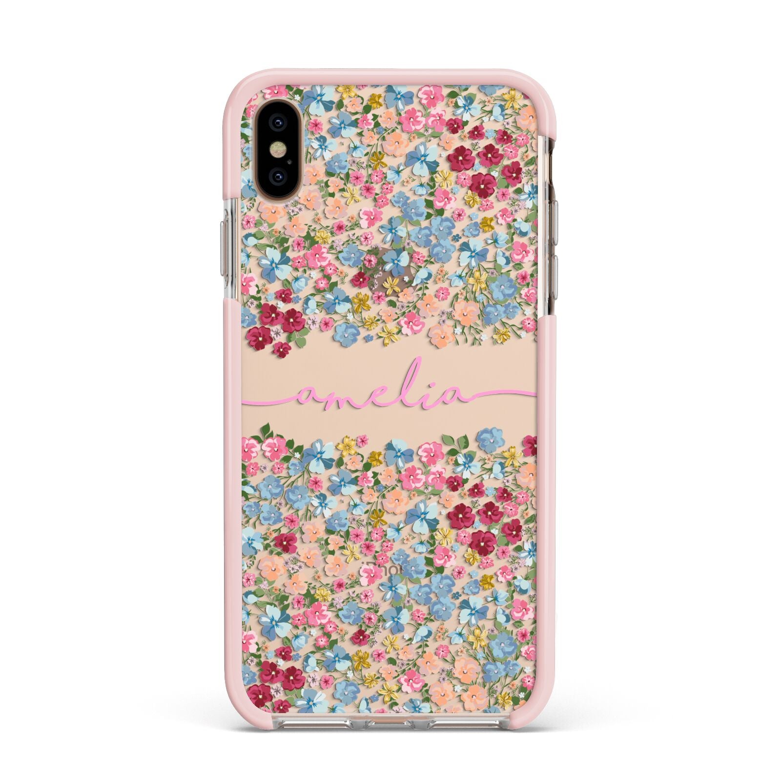 Personalised Floral Meadow Apple iPhone Xs Max Impact Case Pink Edge on Gold Phone