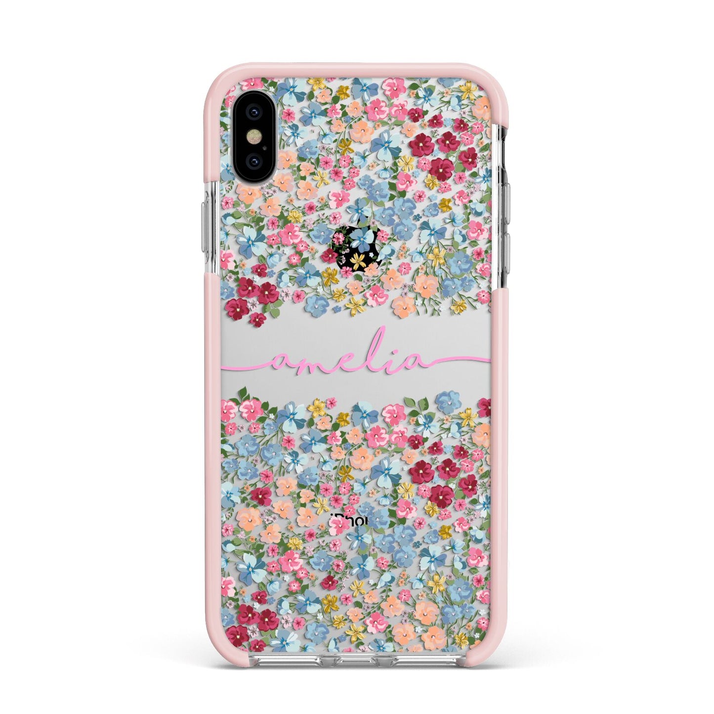 Personalised Floral Meadow Apple iPhone Xs Max Impact Case Pink Edge on Silver Phone