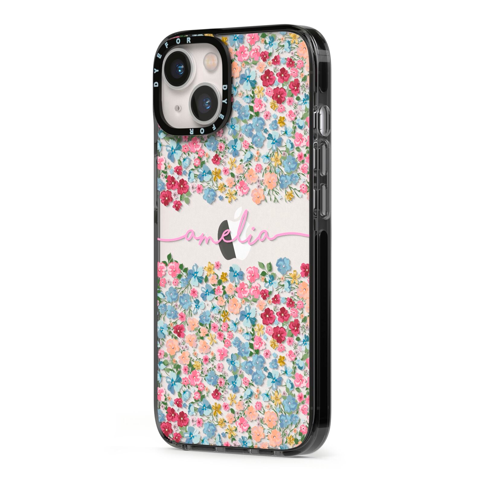 Personalised Floral Meadow iPhone 13 Black Impact Case Side Angle on Silver phone