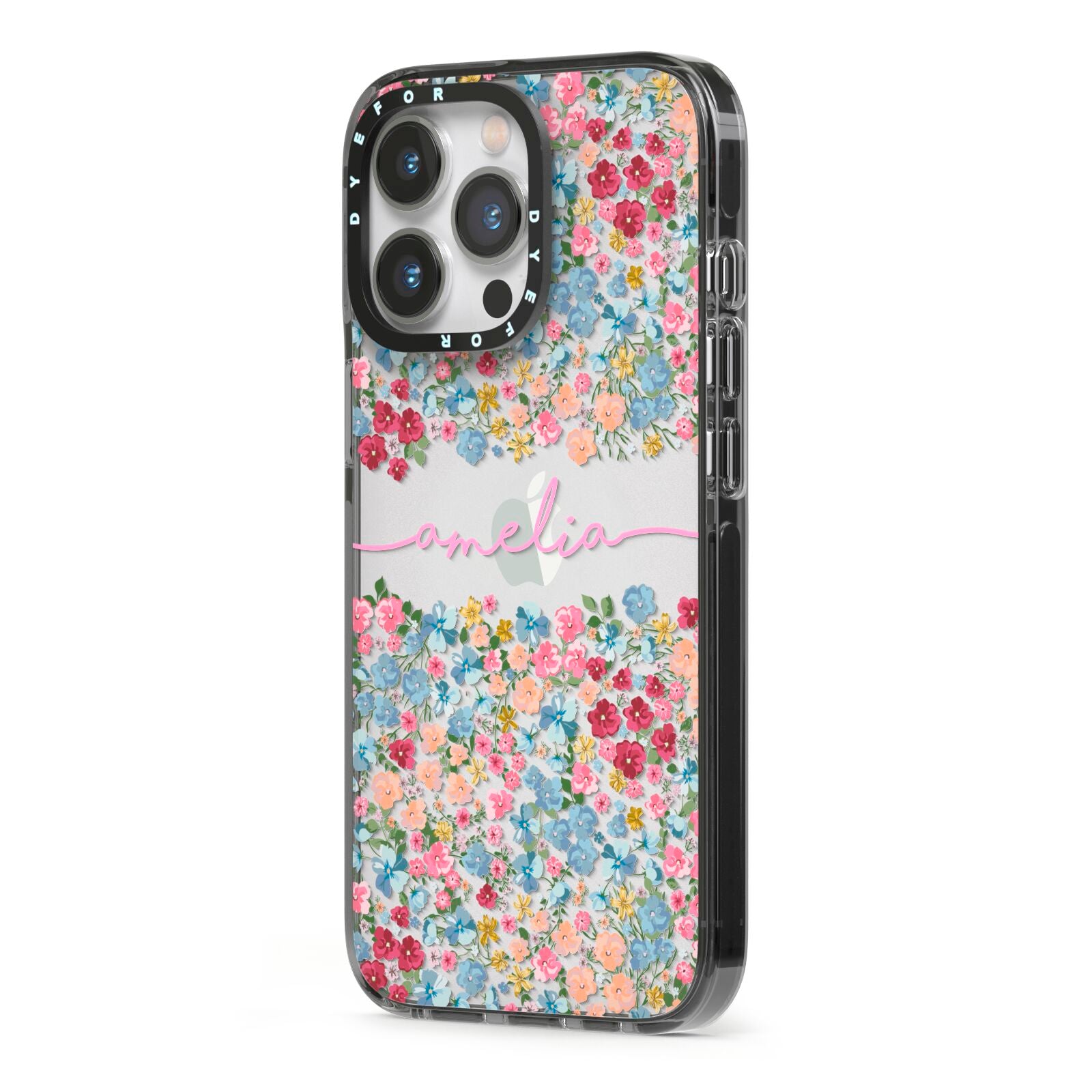 Personalised Floral Meadow iPhone 13 Pro Black Impact Case Side Angle on Silver phone