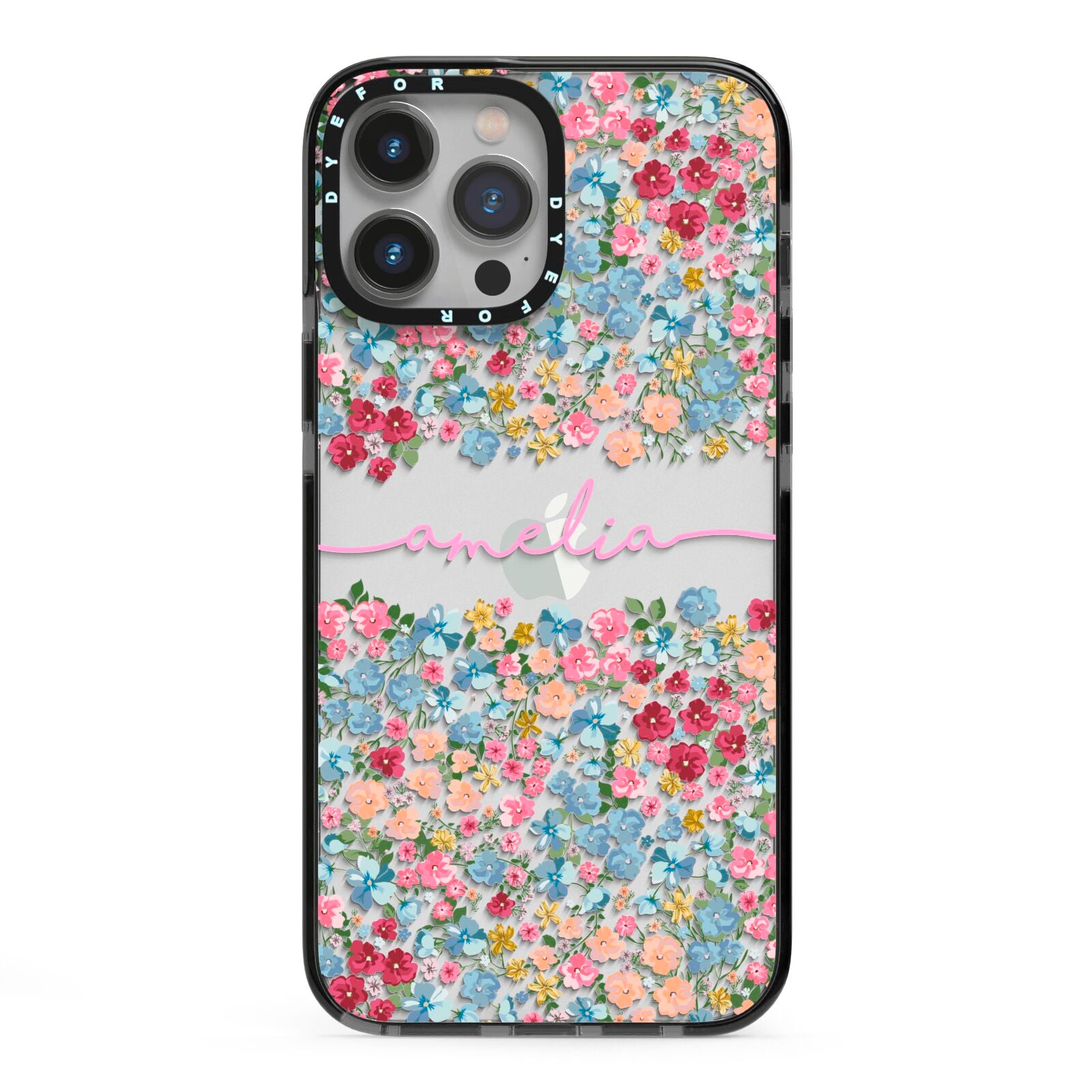 Personalised Floral Meadow iPhone 13 Pro Max Black Impact Case on Silver phone