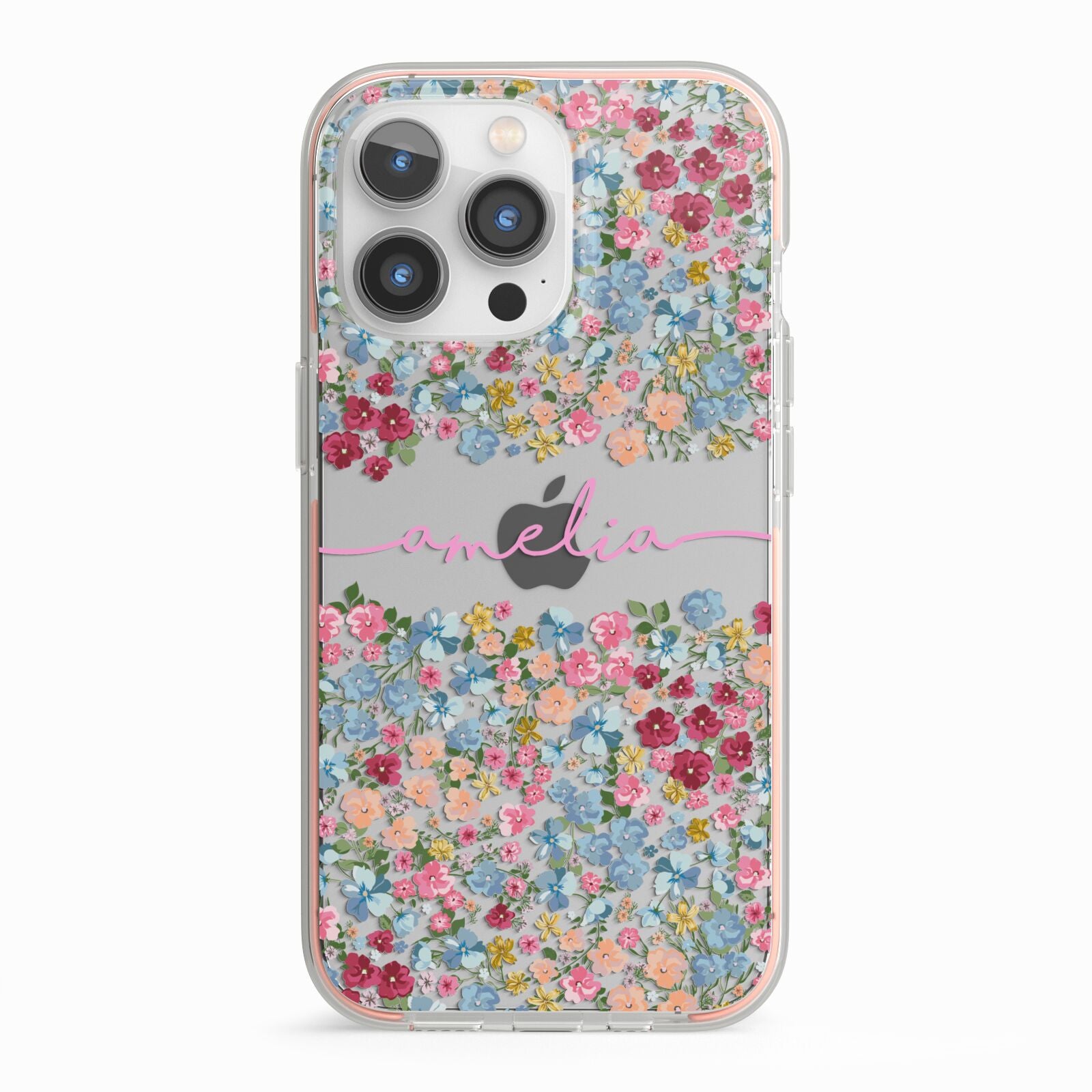 Personalised Floral Meadow iPhone 13 Pro TPU Impact Case with Pink Edges