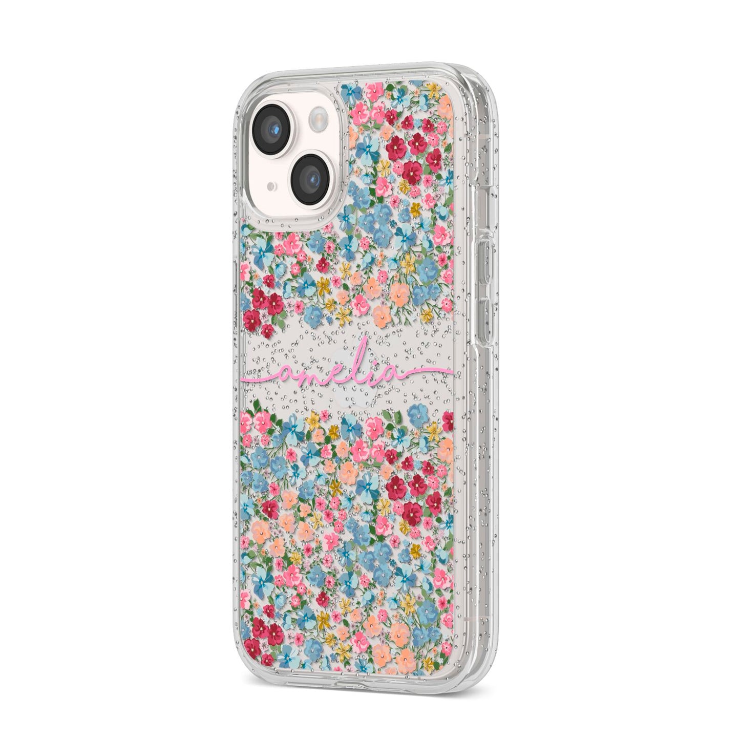 Personalised Floral Meadow iPhone 14 Glitter Tough Case Starlight Angled Image